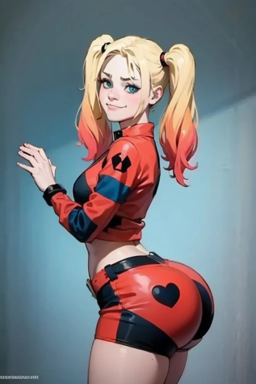 Harley Quinn in tight mini shorts showing her butt,  High resolution,  Precise, HD model,  ,  blond hair ,  Twin Tails, blush, awkward smile, ashamed,  Frown , highly strung, Desde atrás