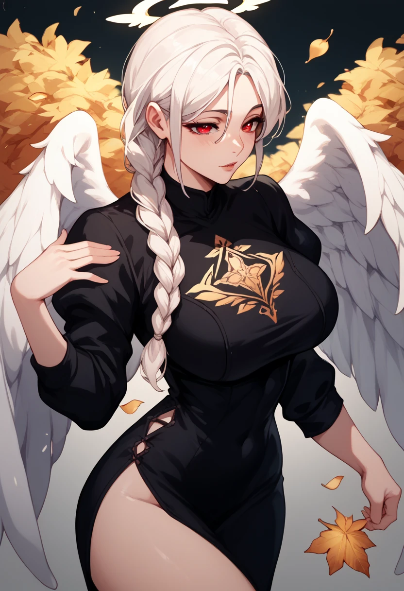 Woman, white hair, braided ponytail, Black dress with golden leaves print Neckline , Red eyes ,Big breasts,Six large angel wings,