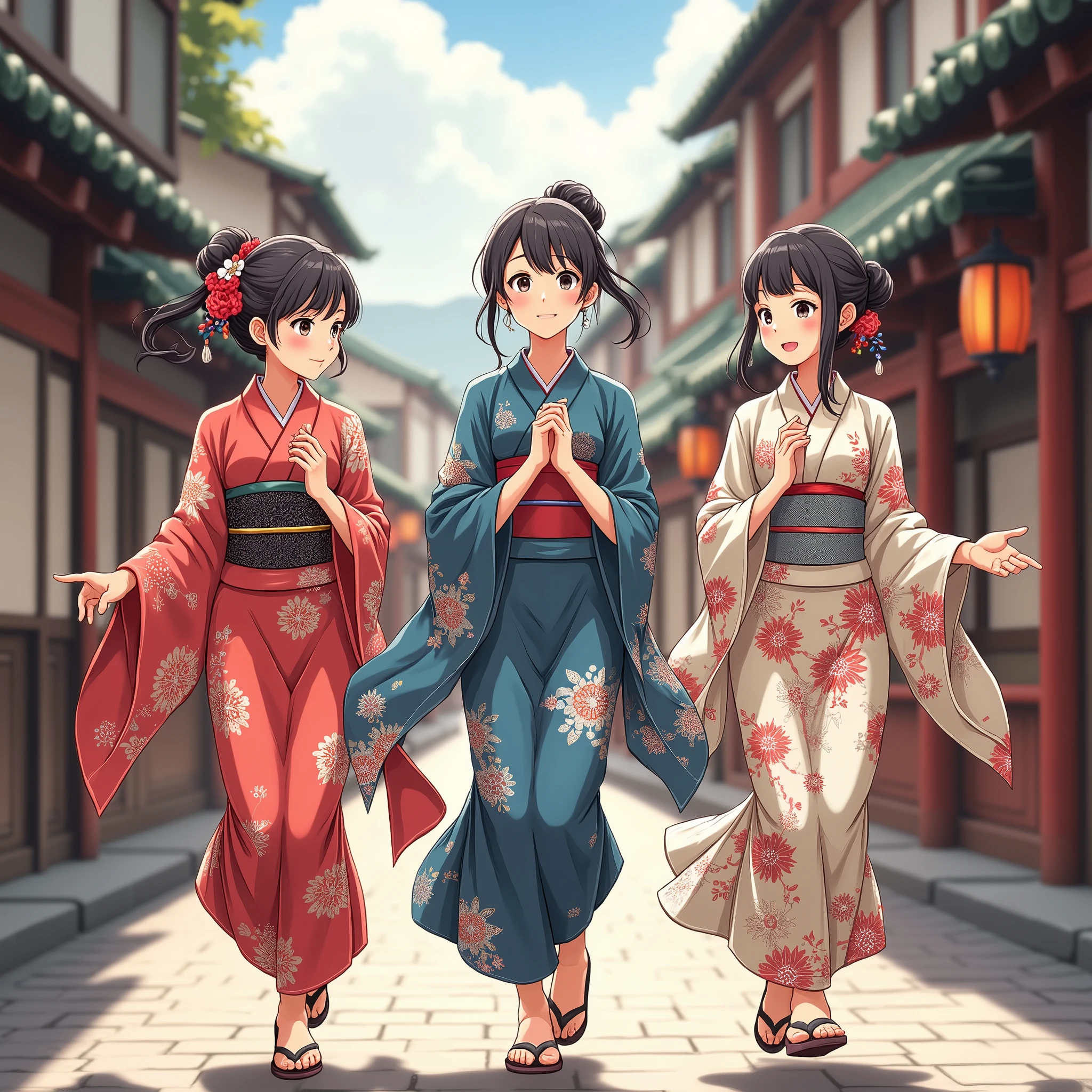  Japan's Edo Period, Three daughters are walking through the bustling townhouse while having a conversation, smile,  dancing ,  high image quality, masterpiece,  anime style, 