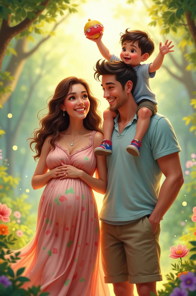 A brunette girl, green eyes and curly hair pregnant in a flower dress in a forest with her husband a man with ocean blue eyes and black hair, They are carrying a with brown eyes and brown hair.