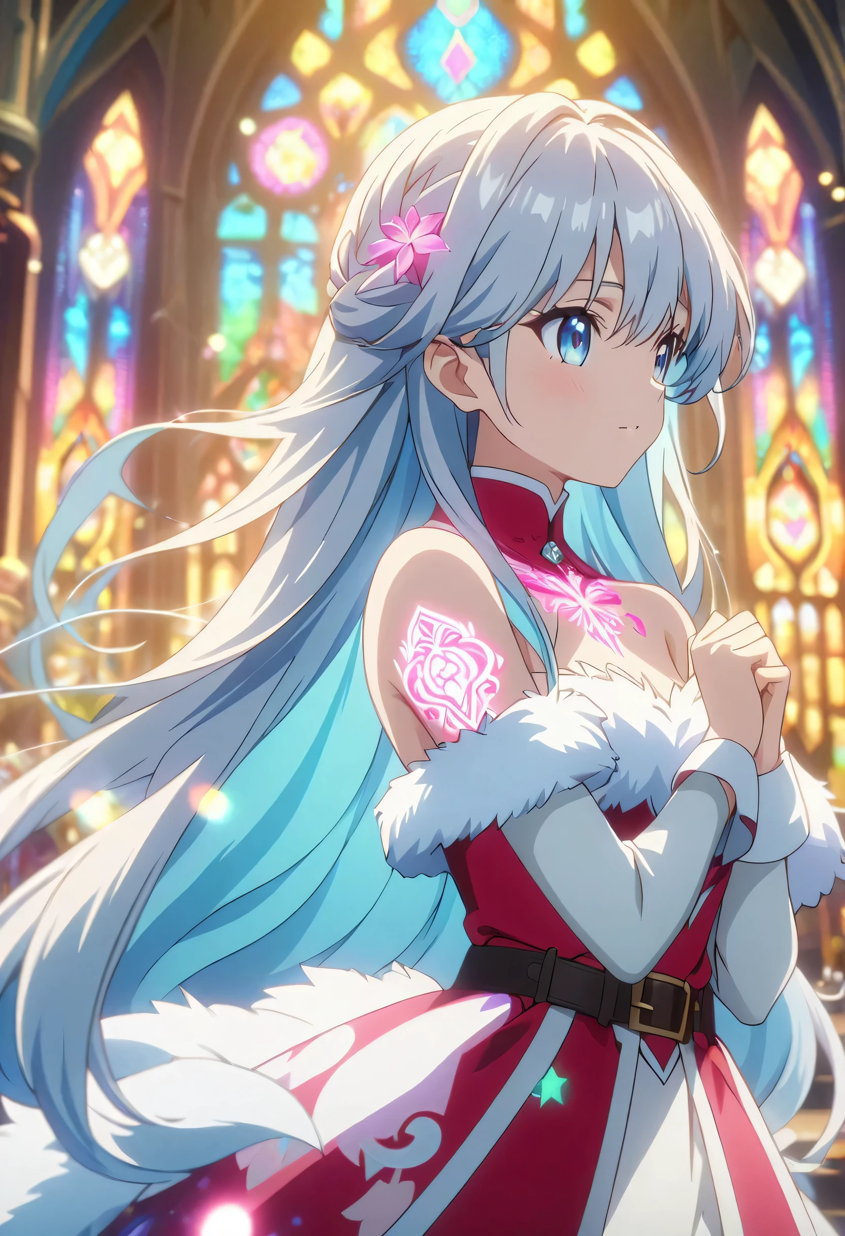 Masterpiece, highest quality, highly detailed CG Unity 8k wallpaper, anime screenshots, female anime character with neon chains. Art of a female anime character with a glowing neon flower tattoo and  off-shoulder white fake fur trim red santa claus costume. beautiful  breasts,This scene with flowing hair has a nice soft focus effect, highlighting the magical glow of the tattoo. Please take a prayer pose. In the background is a stained glass church. bokeh photography, (soft focus):1.2, out-of-focus highlights, dreamy ambiance, glowing circles, mesmerizing depth, depth of field