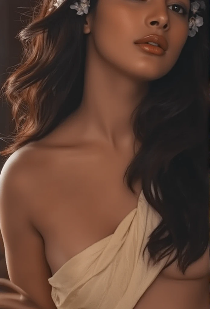 An Indian topless woman with warm brown skin stands in a dimly lit room, wrapped in a single piece of soft, flowing cloth that drapes loosely around her body. The fabric gently hugs her curves, leaving her shoulders and legs exposed. Her thick hair is styled in loose waves with delicate white flowers tucked in, and the room is illuminated by soft, cinematic lighting that highlights the contours of her form and the texture of the cloth