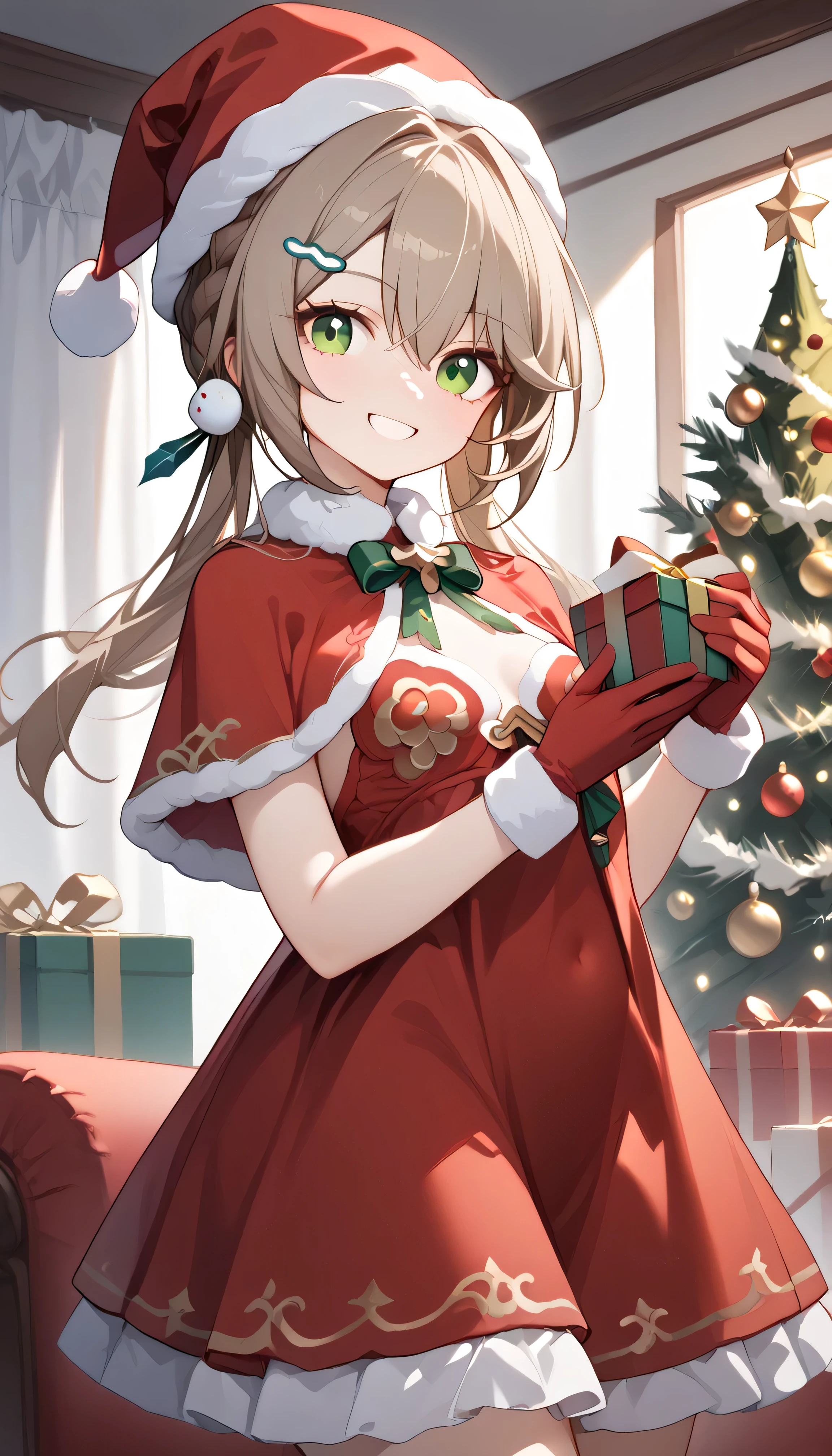 small breasts, brown hair, green eyes, braid, low twintails, hair ornament, hairpin, qingque,　Alone,  can see her eyebrows through her hair,  hair between eyes,  viewers, masterpiece,  top quality , very aesthetic, santa costume, santa hat, christmas,  Merry Christmas , fur-trimmed headwear, santa dress, fur-trimmed dress, christmas tree, christmas tree, fur trim, red capelet, gift box, red gloves, fur-trimmed capelet, santa gloves, red hat, hat,　smile