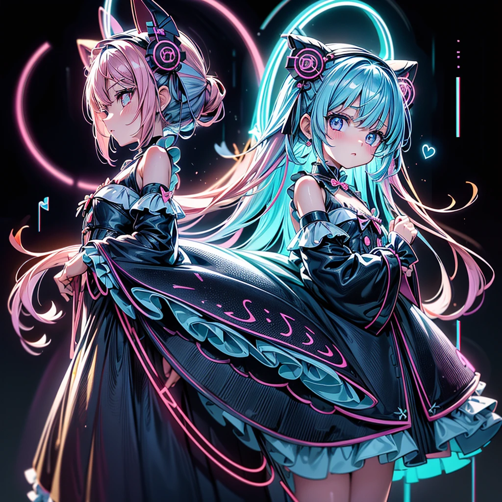 Silver pink hair, pink eyes, body, cat ears,girl, earrings,hair bows,hair charms,dresses