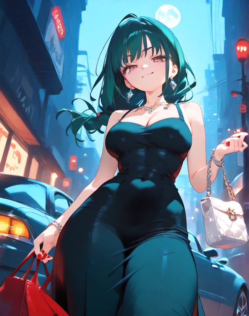 woman with long wavy dark teal green hair, pink eyes, as a mafia boss, black dress, bloody, red carpet, holding silver hand bag, in front of car, night dim alley area, smug smile, hair flip, looking from below