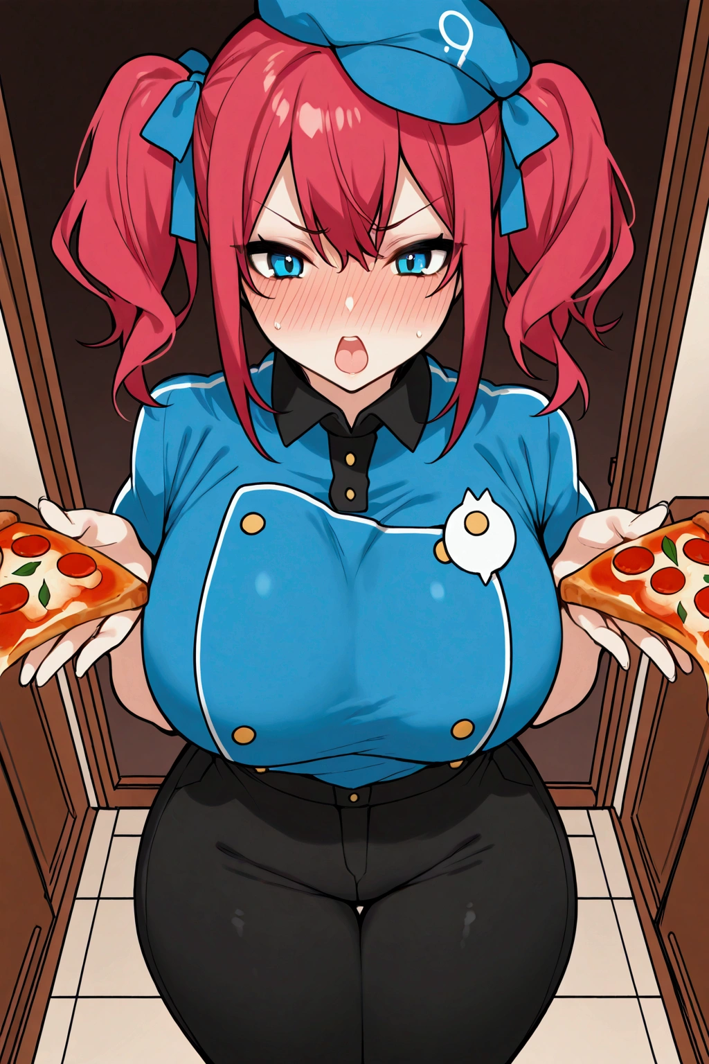 Solo, girl, pizza uniform, big breast, perfect hips, pizza work cap, redhead girl, tsundere blush face, evade look, offers slice of pizza, pizza on her hands, black pants,perfect thighs, twin tails, ribbons, open mouth, from above, pov,perfect scene , Masterpiece, score 9, anime colors, AMERICAN SHOT, beautiful, composition, HARMONY, high quality ,beautiful