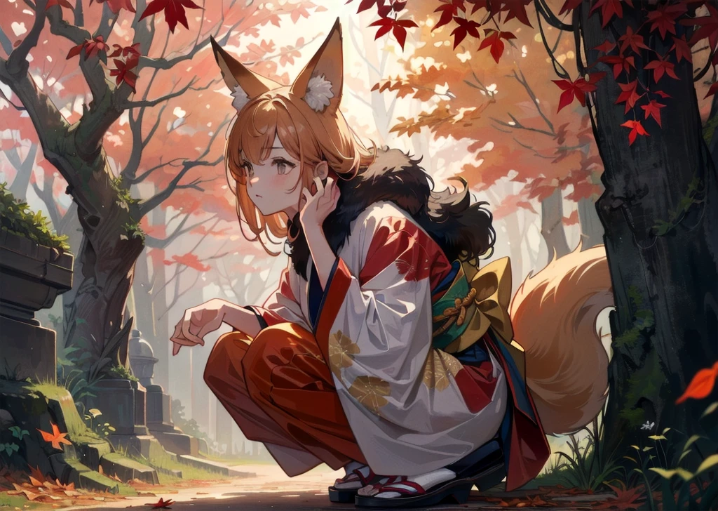 fox girl, kimono, dense red foliage forest, squatting, observing creatures, vibrant autumn leaves, golden sunrise light, classic fantasy illustration style, digital painting, fantasy art, red-orange-gold color scheme, high-resolution, sharp focus, enchanted atmosphere, nice hands, perfect hands, (masterpiece, best quality, photorealistic, ultra realistic, maximum detail, ultra-detailed, detailed background, foreground focus, 8k uhd:1.2), (extremely detailed fine touch:1.2), (volumetric light, soft light, rim lighting, dappled light, shadows), dutch angle, depth of field, full body, lewd face