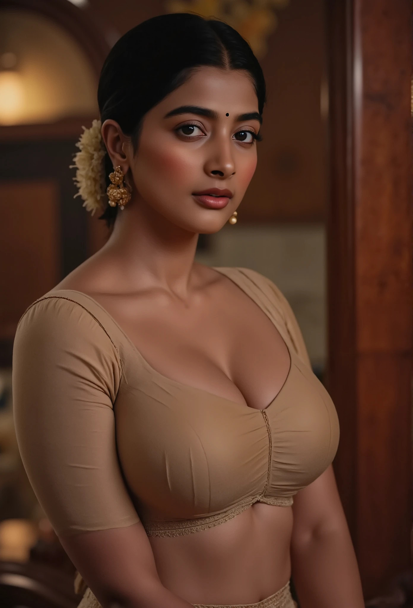 An Indian woman with warm brown skin stands in a dimly lit room, wrapped in a single piece of soft, flowing cloth that drapes loosely around her body. The fabric gently hugs her curves, leaving her shoulders and legs exposed. Her thick hair is styled in loose waves with delicate white flowers tucked in, and the room is illuminated by soft, cinematic lighting that highlights the contours of her form and the texture of the cloth