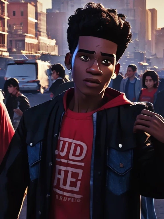 ((Black hair)) ((Brown eyes)) ((Thin body)) ((Vary detailed body)) (Very Detailed Art) (Best Quality) (Perfect Anatomy) Perfect Face) (HD) ((Deatiled Face)) ((Black jacket)) ((Red shirt)) ((Jeans)) ((Black skin)) Teen male in the streets