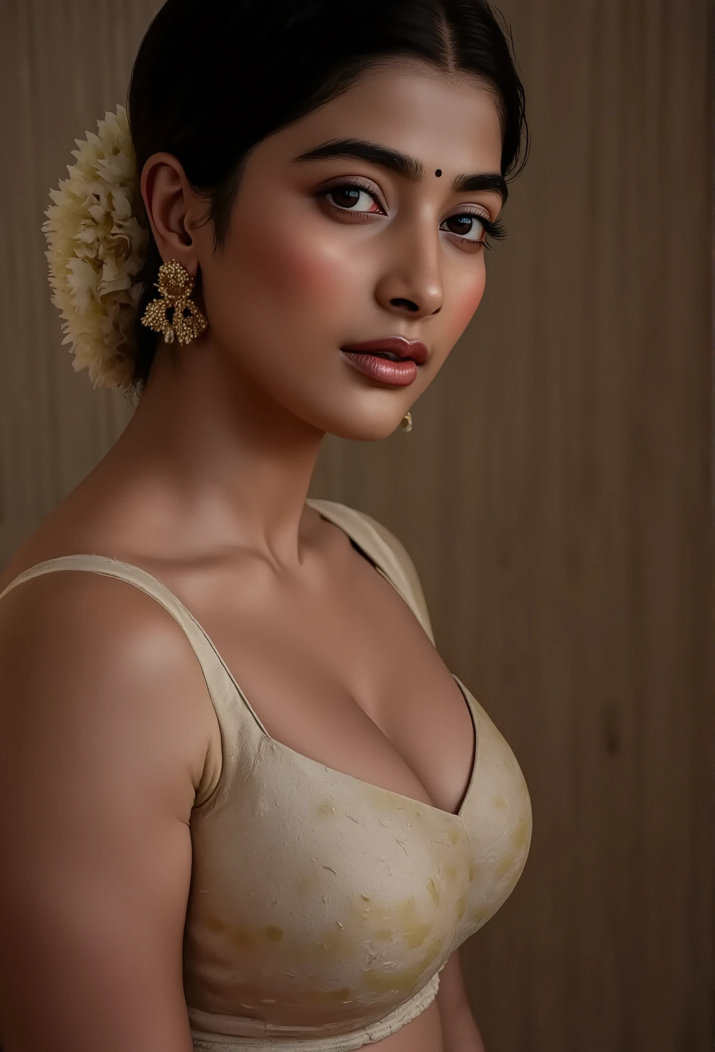 An Indian woman with warm brown skin stands in a dimly lit room, wrapped in a single piece of soft, flowing cloth that drapes loosely around her body. The fabric gently hugs her curves, leaving her shoulders and legs exposed. Her thick hair is styled in loose waves with delicate white flowers tucked in, and the room is illuminated by soft, cinematic lighting that highlights the contours of her form and the texture of the cloth