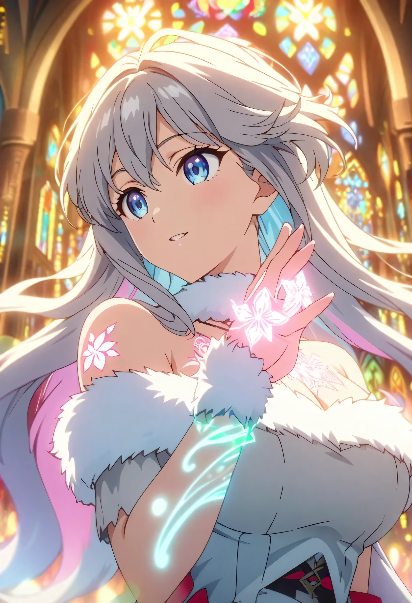 Masterpiece, highest quality, highly detailed CG Unity 8k wallpaper, anime screenshots, female anime character with neon chains. Art of a female anime character with a glowing neon flower tattoo and  off-shoulder white fake fur trim red santa claus costume. beautiful  huge breasts,This scene with flowing hair has a nice soft focus effect, highlighting the magical glow of the tattoo. Please take a prayer pose. In the background is a stained glass church. bokeh photography, (soft focus):1.2, out-of-focus highlights, dreamy ambiance, glowing circles, mesmerizing depth, depth of field