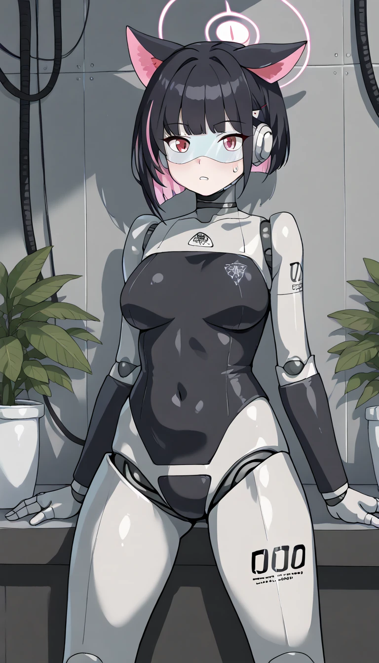 masterpiece, best quality, extremely detailed, (8K, 4K, Best Quality, hight resolution, 超A high resolution:1.1), ,8k portrait, Japaese android Girl,Plump , dark black leg cover,announcer,control panels,android,Droid,Mechanical Hand, Robot arms and legs, Black Robot Parts,Black long hair,Mechanical body,Blunt bangs,perfect mechanical abdomen,White robotics parts,perfect robot woman,future laboratory,cyber pank,charging spot,laboratory,long tube,thick cable connected her neck,white ceramic body ,perfect mechanical body, white robot body,lod antenna,mechanical ear cover,android,robot humanoid,black sponge joints,The removable cover is in the groin,The connection port is in the groin,opened chest panel,access panel on the chest,opened breast panel,perfect mechanical breast,perfect black machine body,perfect black android body,She has repaired,assembly plant,no human skin,visor,mistyrobot,kazusa(blue archive),spread leg,ahaegao,robot joint,doll joint,black robot legs,usb ports in the side of neck,malfunction