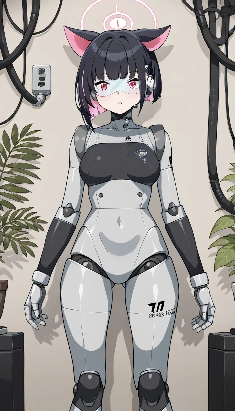 masterpiece, best quality, extremely detailed, (8K, 4K, Best Quality, hight resolution, 超A high resolution:1.1), ,8k portrait, Japaese android Girl,Plump , dark black leg cover,announcer,control panels,android,Droid,Mechanical Hand, Robot arms and legs, Black Robot Parts,Black long hair,Mechanical body,Blunt bangs,perfect mechanical abdomen,White robotics parts,perfect robot woman,future laboratory,cyber pank,charging spot,laboratory,long tube,thick cable connected her neck,white ceramic body ,perfect mechanical body, white robot body,lod antenna,mechanical ear cover,android,robot humanoid,black sponge joints,The removable cover is in the groin,The connection port is in the groin,opened chest panel,access panel on the chest,opened breast panel,perfect mechanical breast,perfect black machine body,perfect black android body,She has repaired,assembly plant,no human skin,visor,mistyrobot,kazusa(blue archive),spread leg,ahaegao,robot joint,doll joint,black robot legs,usb ports in the side of neck,malfunction