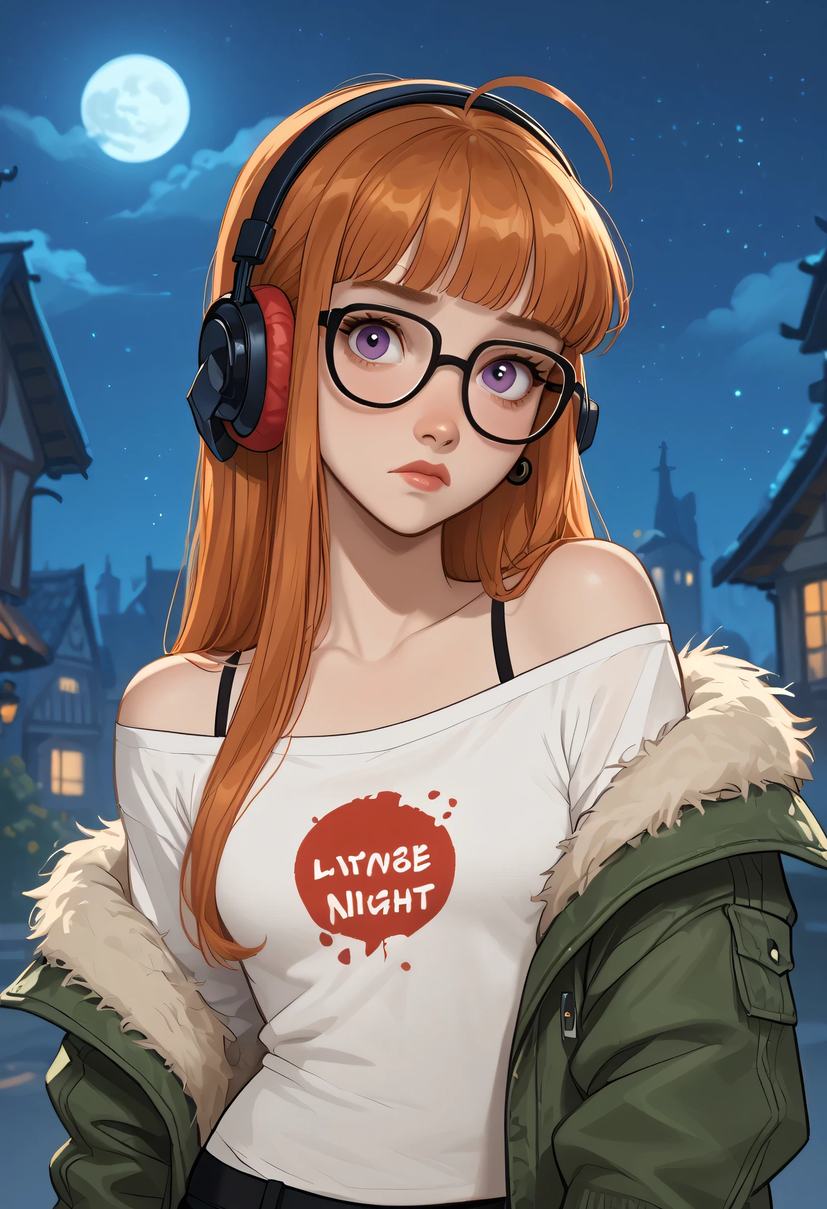 1girl, sad expression, earrings, futabadef, orange hair, long hair, blunt bangs, (glasses), ahoge, purple eyes, behind-the-head headphones, white shirt, green fur-trimmed jacket, off shoulder jacket, black shorts, black thighhighs, black knee boots, looking at viewer, portrait. (NIGHT:1.4). score_9, score_8_up, score_7_up. Disney Style.