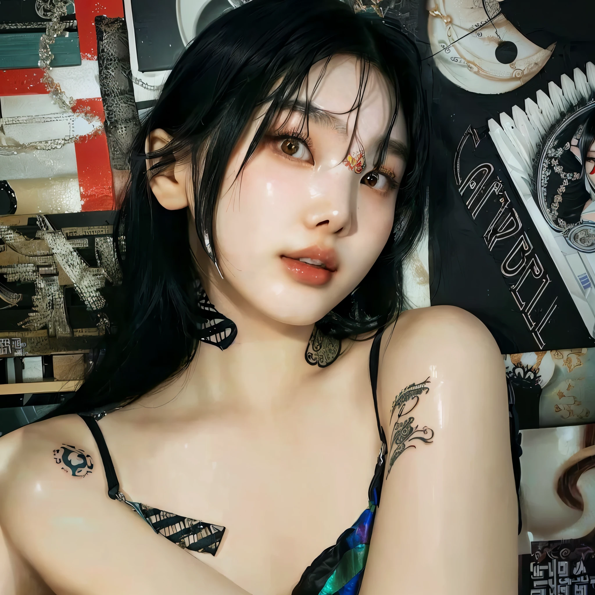 a close up of a woman with tattoos on her arms, of taiwanese girl with tattoos, cruel korean goth girl, korean girl, chinese girl, ulzzang, 🤤 girl portrait, she has black hair with bangs, goth girl aesthetic, beautiful south korean woman, with facial tattoo, beautiful asian girl, asian girl, gorgeous young korean woman