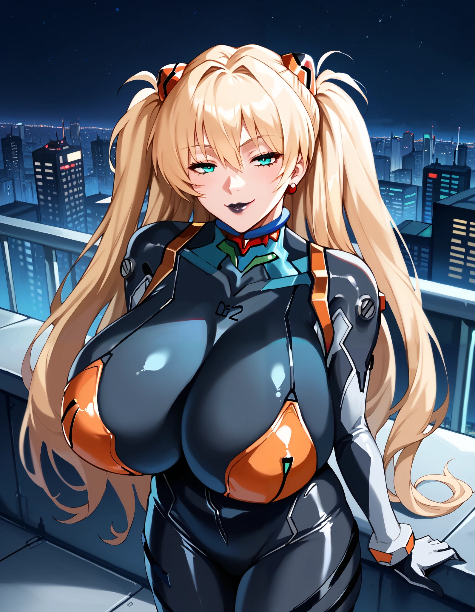 score_9, score_8_up, score_7_up, 1girl, milf, solo, bache \(azur lane\), (huge breasts:1.6), (((light blonde hair), very long hair, twintails, bangs, aqua eyes, half-closed eyes)), lipstick, black lips, ((souryuuasukalangleycosplay, souryuu asuka langley \(cosplay\), bodysuit, pilot suit, plugsuit, black bodysuit, interface headset)), ((light smile)), ((standing, rooftop, futuristic cityscape, night))