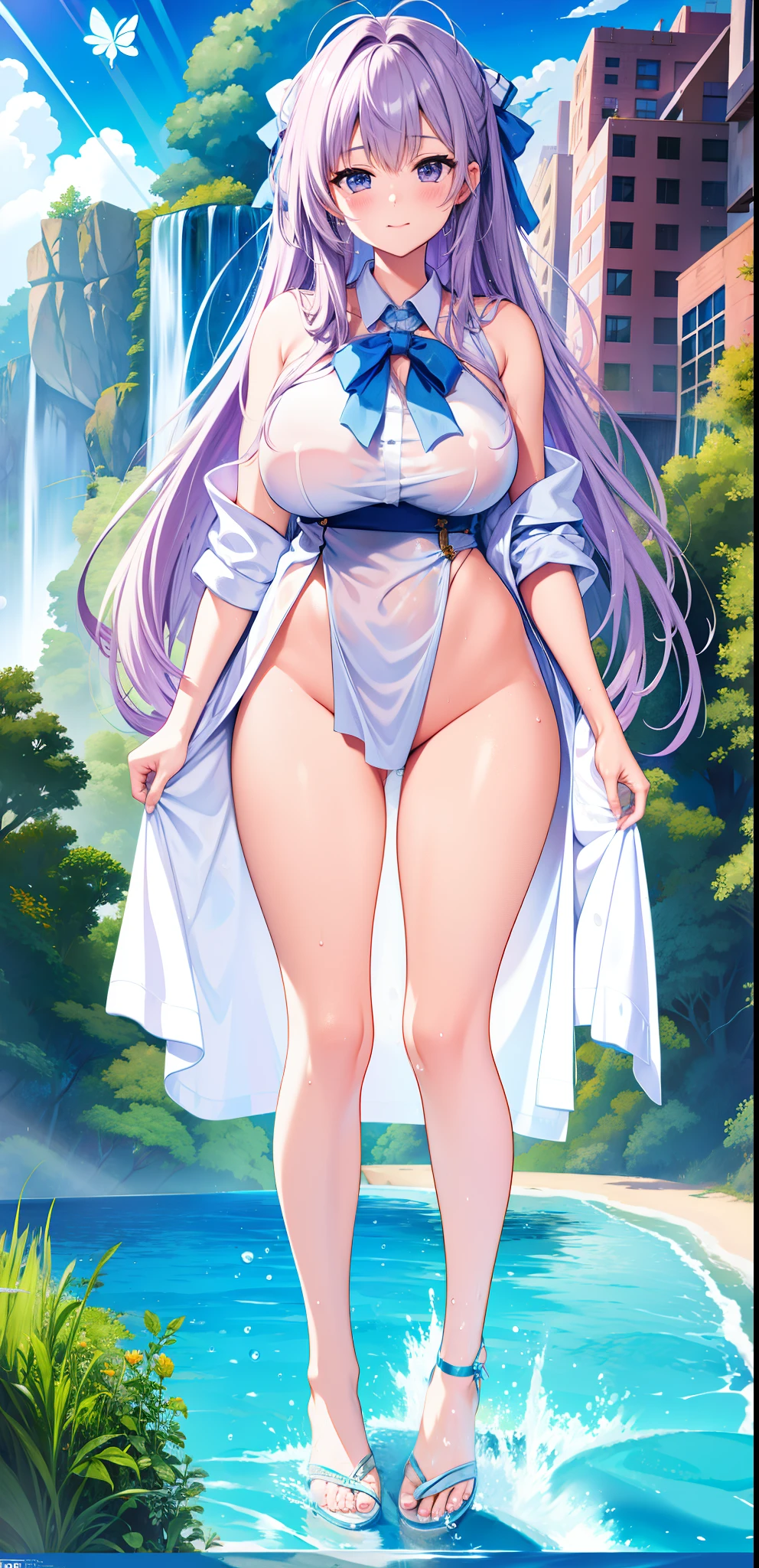 wife，  Big Breasts  ，exposed,    long hair，purple fairy ears，outcrop，纹胸，Big thighs ，wet，Water Drops。Aho,bath towel。Butterfly