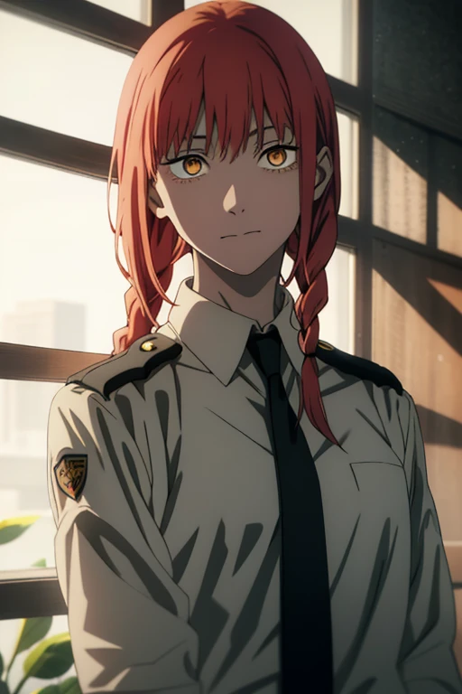 (((masterpiece))),best quality, hyper detailed, Cinematic light, intricate_detail, highres, official art, finely detailed beautiful eyes, high resolution illustration, 8k,1girl, dynamic pose,cinematic lighting, dynamic angle, intricate details,light particles,reflective hair, looking at you,textured hair, full body,makima \(chainsaw man\),red hair, long braided hair, golden eyes, bangs, medium breasts, white shirt,necktie