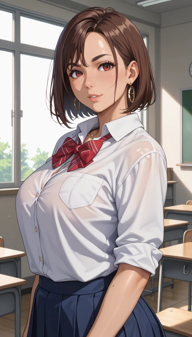 (( 1 girl ))、((Alone))、((  brown eyes ))、 high school girl、 dandadan、 Japanese 、Subjective、Busty、 steam、(())、 Cowboy Shot 、classroom