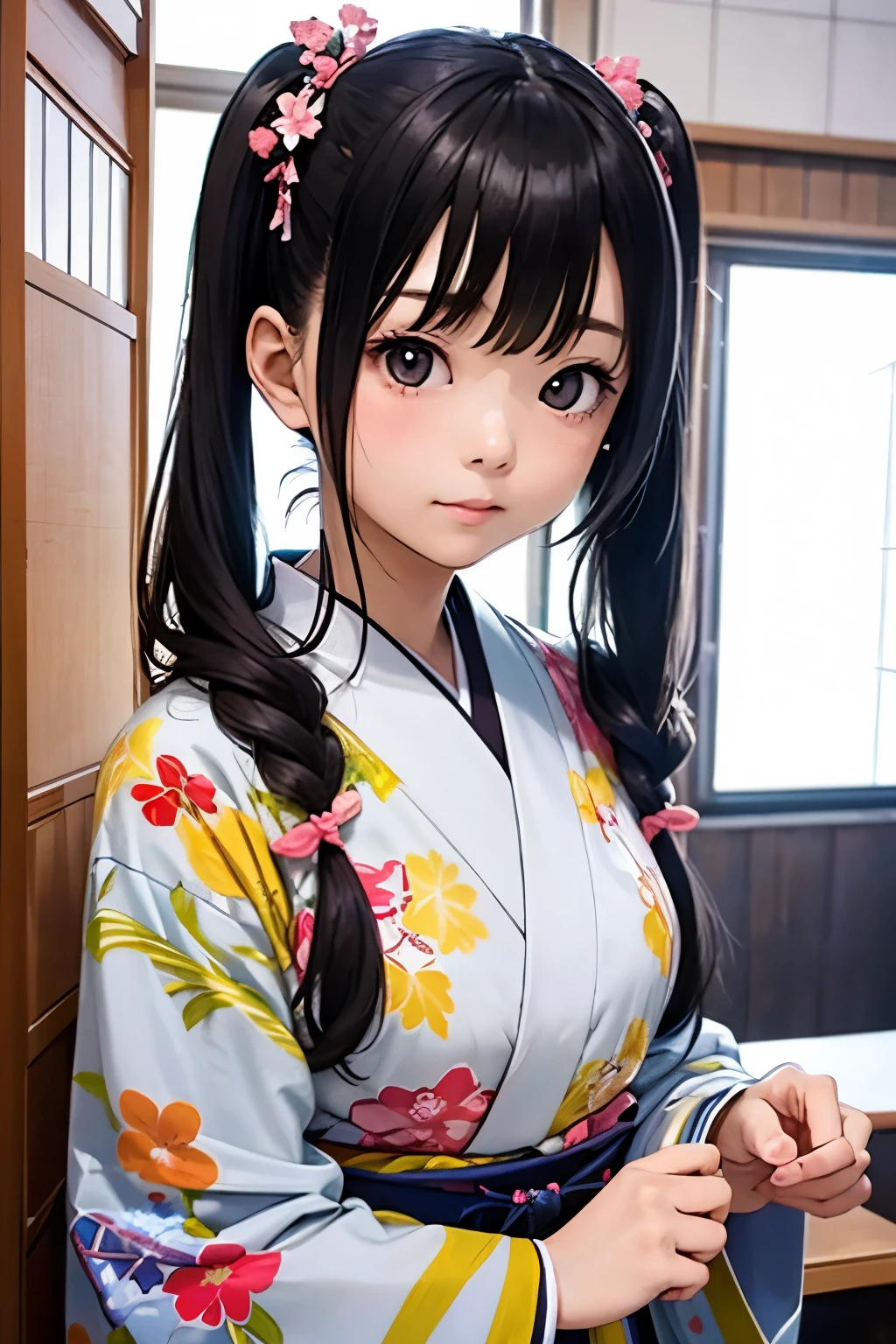  Japanese High School Girl 、 cute girl、kimono、Long twin tails、 transparent、