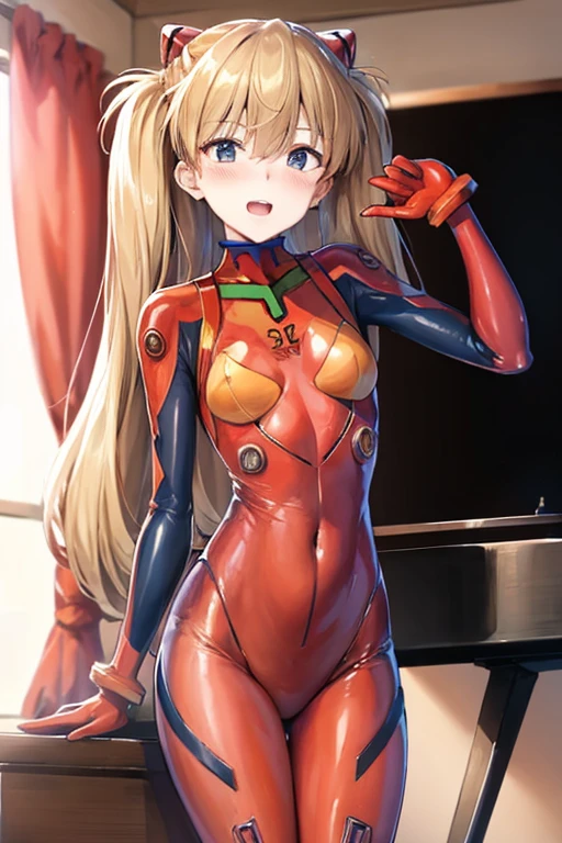 (( top quality )), ((masterpiece)), (be familiar with),  perfect face, indoor, bedroom, Watching viewers,
One woman,  Soryu Asuka Langley,
 open mouth,  ecstatic expression beside the piano, blush, smile,
 small tits,  flat chest, Young girl, Lori,  s,  girl,
 long hair,  twin tails,
Leg spread,