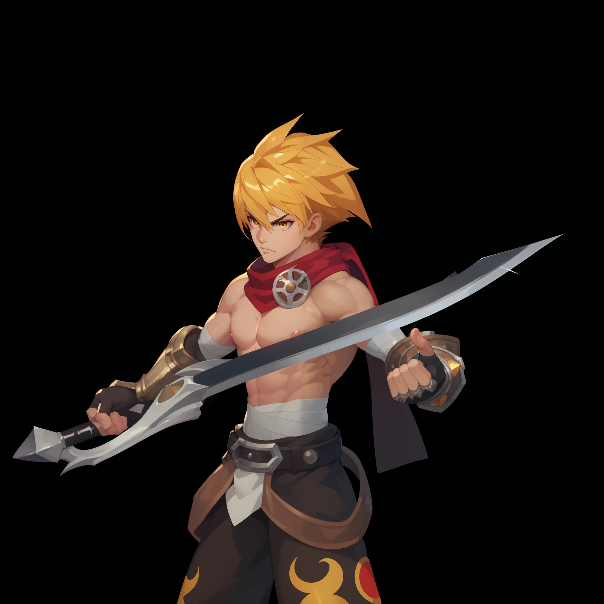 An anime-inspired hero character with sharp yellow spiky hair and determined golden eyes grips a large sword with both hands. He wears a red scarf and a bare-chested outfit that features intricate gauntlets and a belt with metallic details. His stance is poised, ready for battle, exuding a calm and focused demeanor
