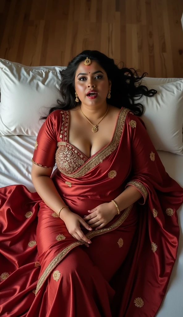 Day scene, full body photo of a plus sized 23 year old indian with a man from top view, (Masterpiece, Best Quality, High Resolution), class room Background, (cum Splash on her blouse and face, cum Splash on her breasts, Splash of cum, cum Splash on her gown, cum Splash on her eys), Sweet 35 year old South indian teacher sitting on a class room chair ( both legs raised in air)with a man, hour glass body red lips naked, lightly makeup,ultra realistic, realistic, look at viewer (cinematic:1.3), intricate details,