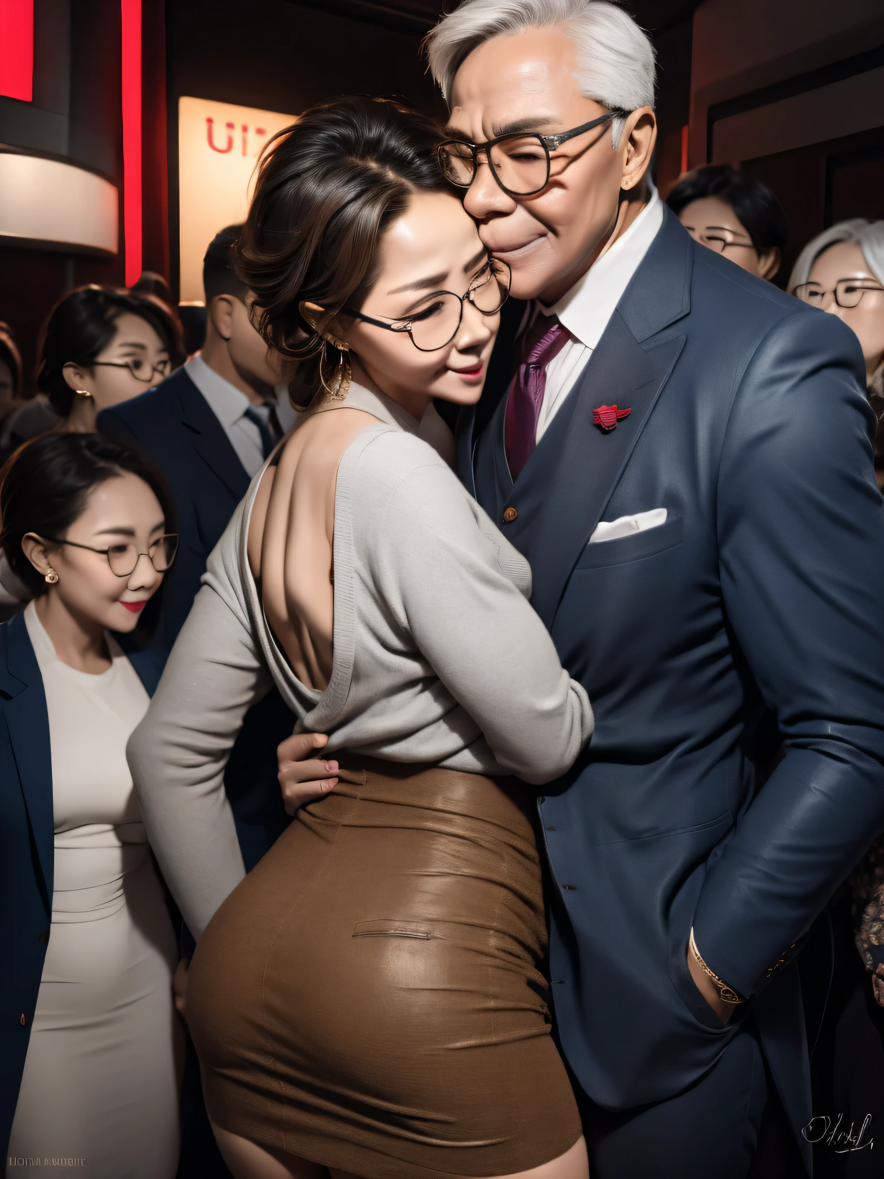 beautiful woman wearing a revealing skirt suit, her elderly husband hugged and kissed her from behind in the crowded crowd, UHD, masterpiece, textured skin, super detail, best quality, 8k.