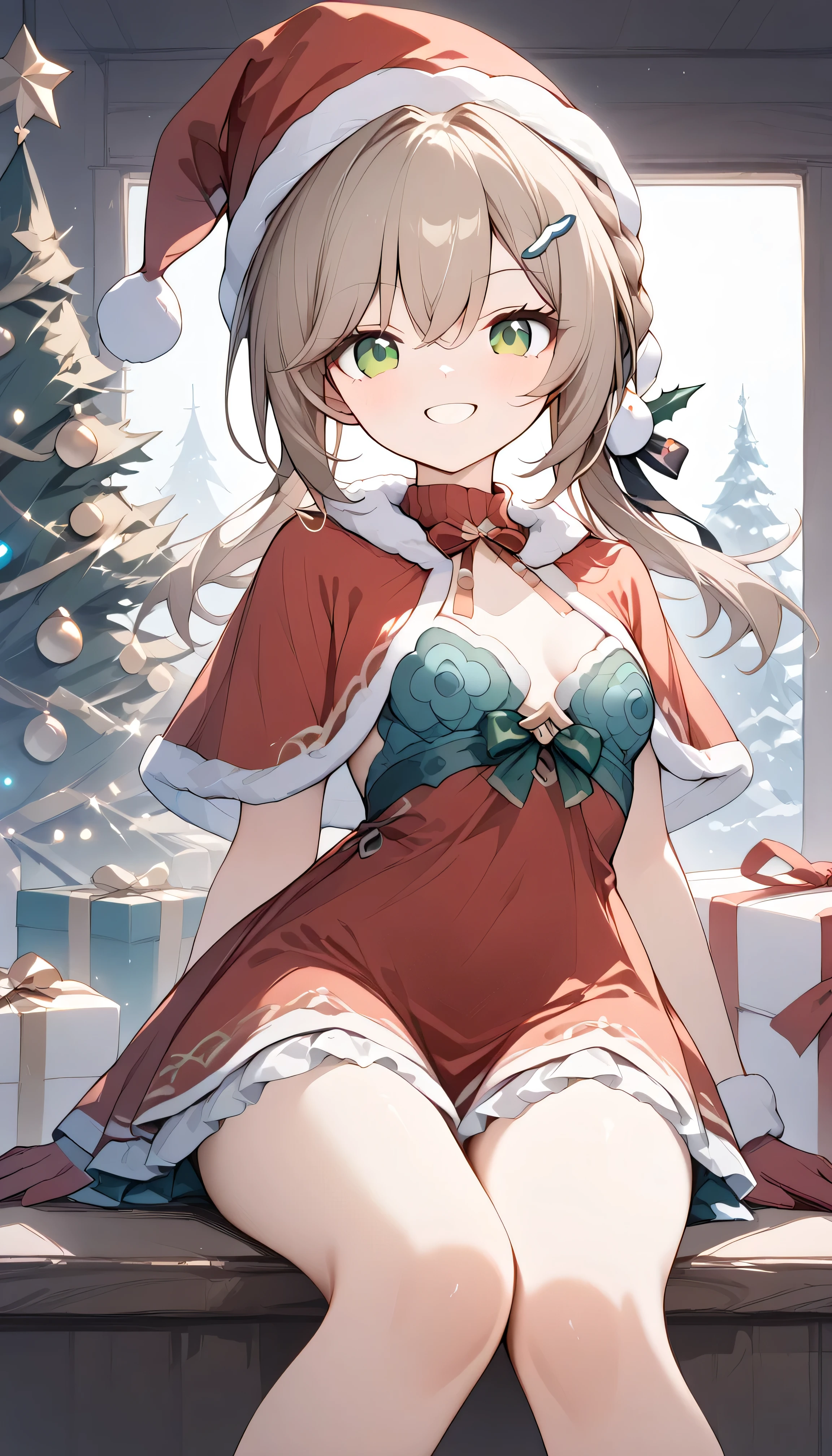 small breasts, brown hair, green eyes, braid, low twintails, hair ornament, hairpin, qingque,　Alone,  can see her eyebrows through her hair,  hair between eyes,  viewers, masterpiece,  top quality , very aesthetic, santa costume, santa hat, christmas,  Merry Christmas , fur-trimmed headwear, santa dress, fur-trimmed dress, christmas tree, christmas tree, fur trim, red capelet, gift box, red gloves, fur-trimmed capelet, santa gloves, red hat, hat,　smile