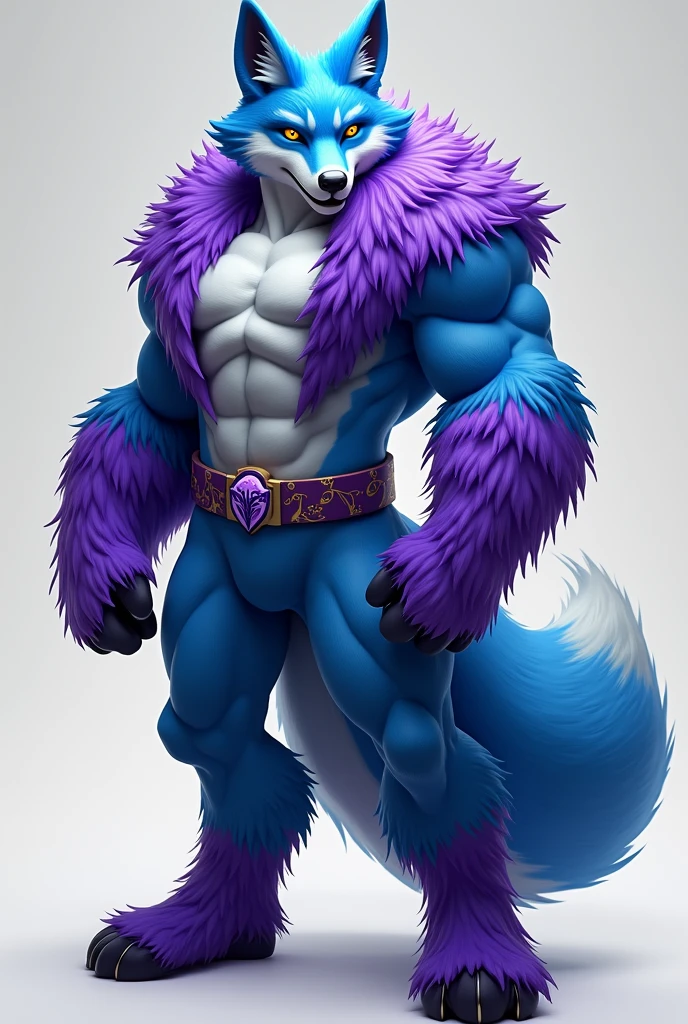 An adult male muscular Fox fursuit alone in New Zealand a 25 year old champion looking at the viewer looking happy wearing a very sexy tight thong blue fur and red eyes outdoors posing for the camera now to match a black tie a perverted smile.