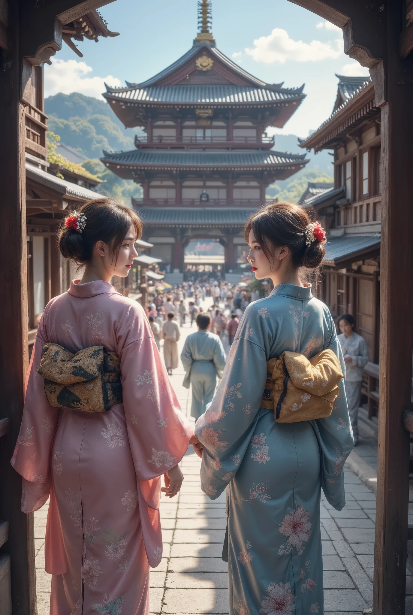 Two daughters walk through a bustling town house from the Edo period ,  in Japan 200 years ago while having a conversation, smile,  dancing ,  high image quality, masterpiece,  anime style, 