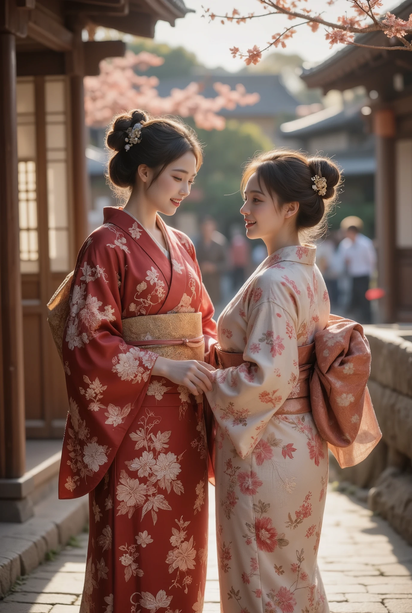 Two daughters walk through a bustling town house from the Edo period ,  in Japan 200 years ago while having a conversation, smile,  dancing ,  high image quality, masterpiece, 