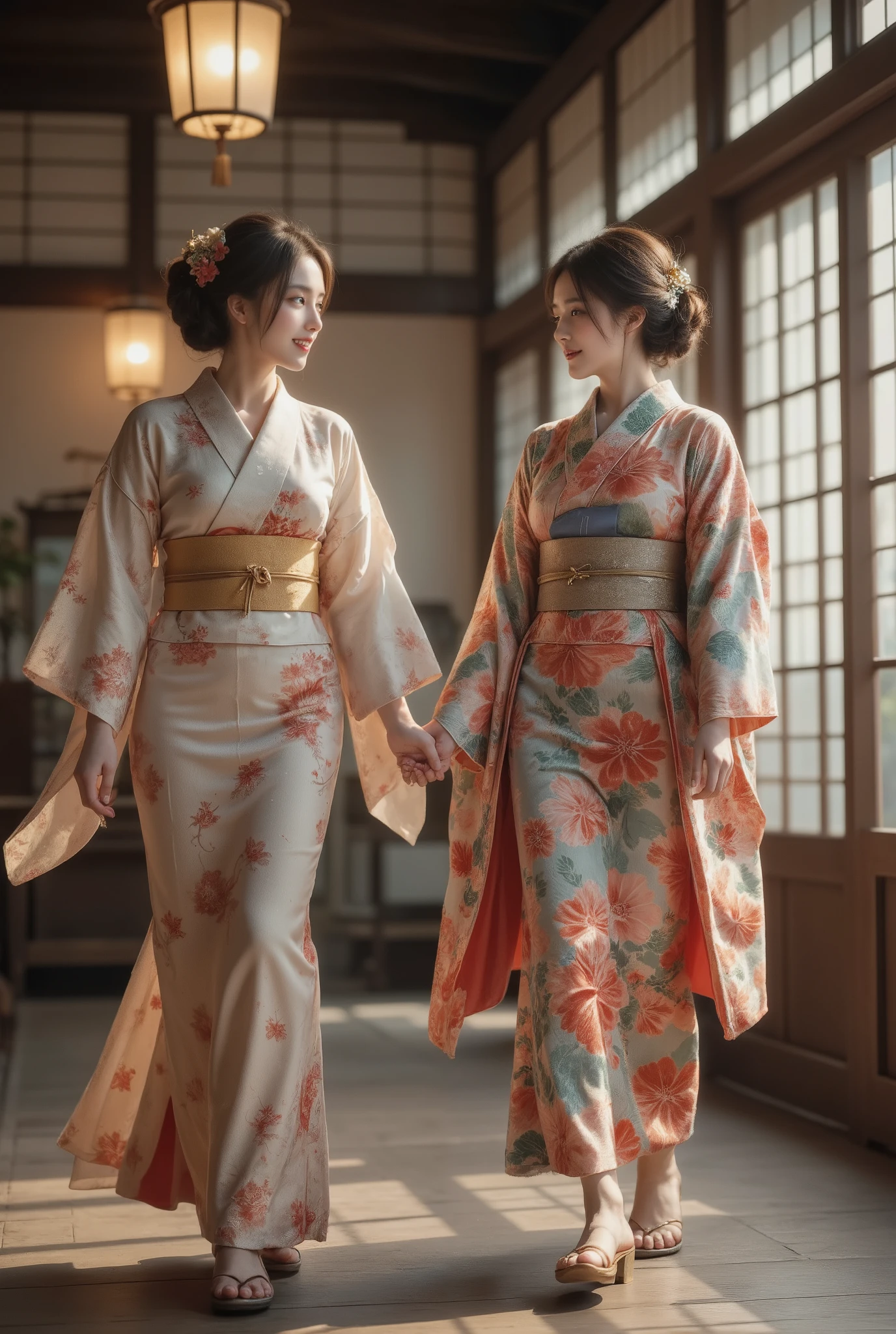 Two daughters walk through a bustling town house from the Edo period ,  in Japan 200 years ago while having a conversation, smile,  dancing ,  high image quality, masterpiece, 