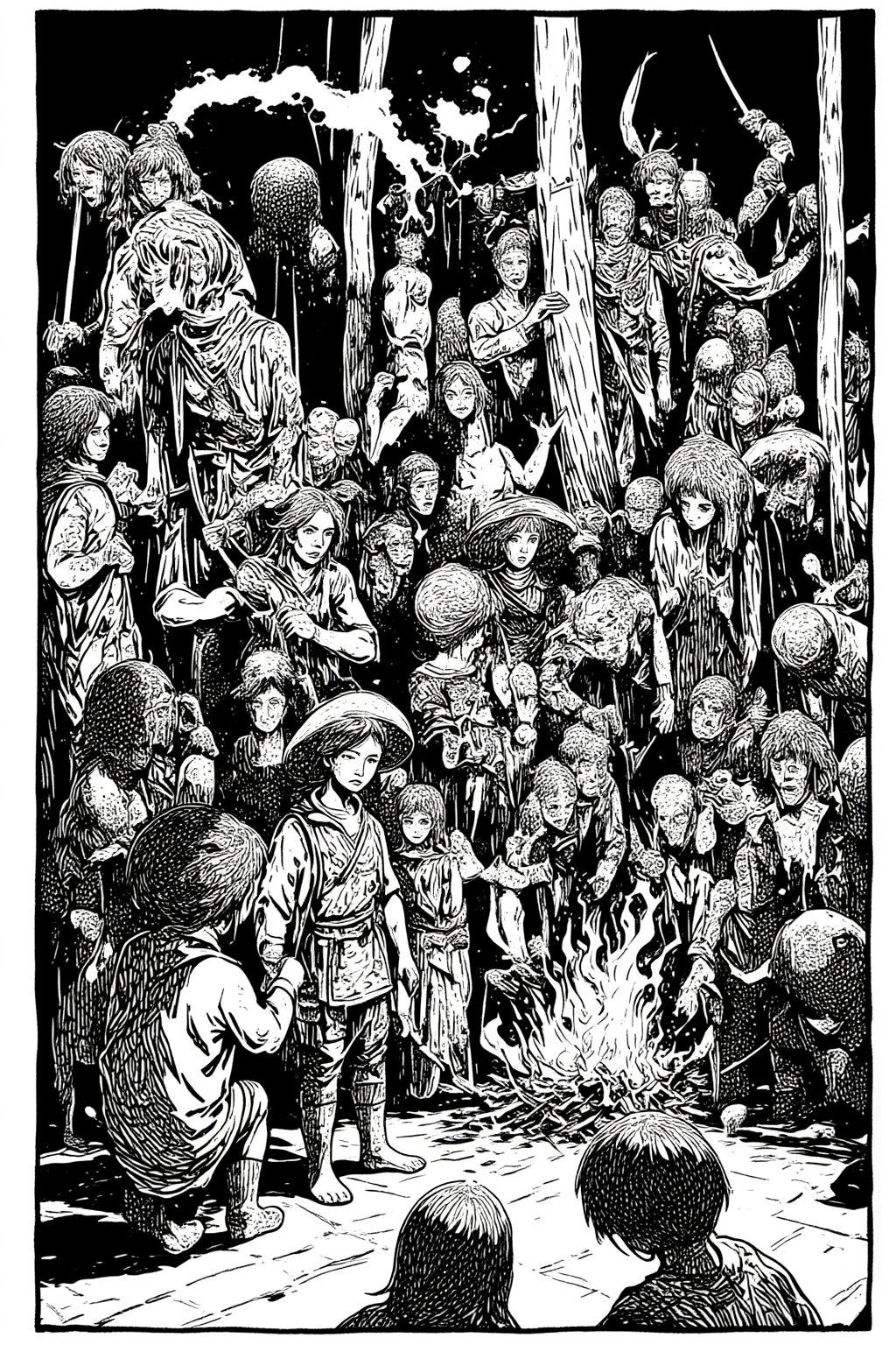 Woodcut 、 puppet dolls There is a black and white picture of people burning doll dolls, Celtic Art , Celtic Art  style, ðórarinn B.  sollaxon ,  tribal art , inspired by Björn Winblad,  Celtic design , by Björn Winblad, woodcut print,  ink artwork ,   inspired 