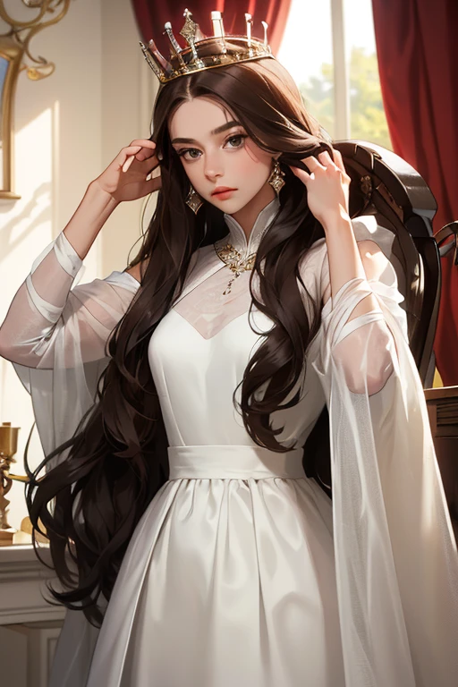 Hyperrealistic female portrait of David Hockney and Alphonse Mucha., fantasy art, photorealistic, dynamic lighting, art station, poster, volumetric lighting, very detailed faces, 4K, award-winning,, 1 girl, in the dark, deep shadow, restrained, cowboy shot, (formal wear:1.4) ,long hair,golden hair, scarlet ribbon in her hair, Princess Venus.