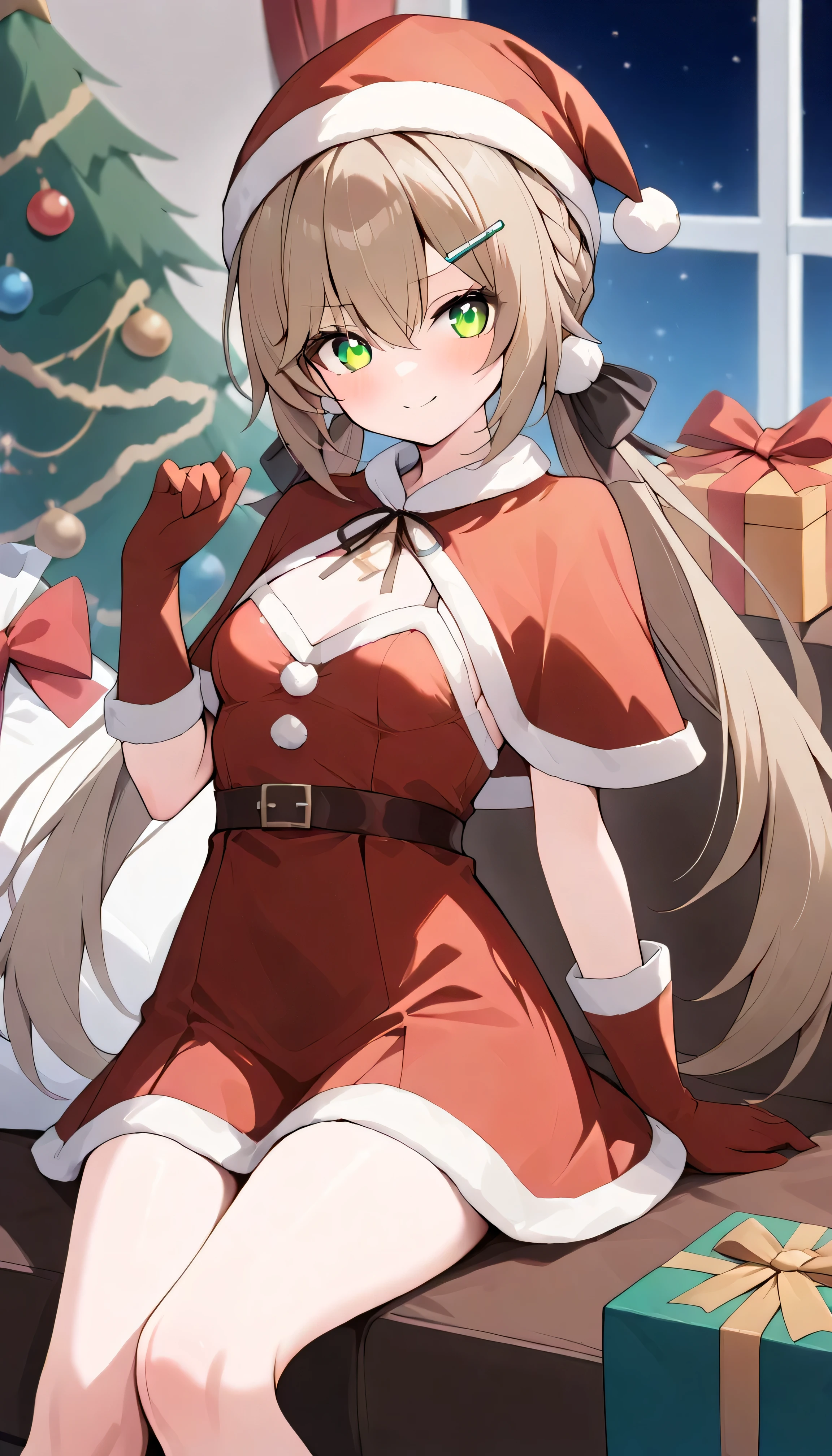 small breasts, brown hair, green eyes, braid, low twintails, hair ornament, hairpin, qingque,　Alone,  can see her eyebrows through her hair,  hair between eyes,  viewers, masterpiece,  top quality , very aesthetic, santa costume, santa hat, christmas,  Merry Christmas , fur-trimmed headwear, santa dress, fur-trimmed dress, christmas tree, christmas tree, fur trim, red capelet, gift box, red gloves, fur-trimmed capelet, santa gloves, red hat, hat,　smile