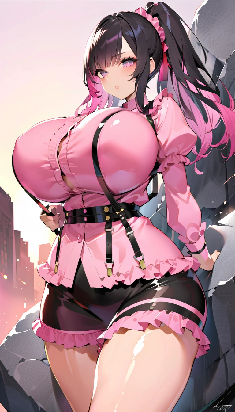 Big Breasts,huge breasts,Alone, eyeshadow,lip,Shiny eyelashes, black hair, mature woman,  clevis on a stone, pink hair,((( gradation hair ))),Brontbang ,twin_Tail hair, Huge Breasts,  Pink Ruffle Shirt ,  flare mini skirt,  Long Sleeve ,  puff sleeve,  Suspenders, button, Ruffle Trimming ,, cowboy shot,jiraikei,