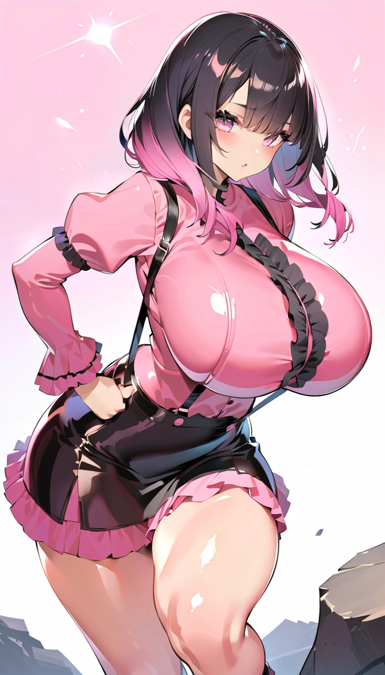 Big Breasts,huge breasts,Alone, eyeshadow,lip,Shiny eyelashes, black hair, mature woman,  clevis on a stone, pink hair,((( gradation hair ))),Brontbang ,twin_Tail hair, Huge Breasts,  Pink Ruffle Shirt ,  flare mini skirt,  Long Sleeve ,  puff sleeve,  Suspenders, button, Ruffle Trimming ,, cowboy shot,jiraikei,