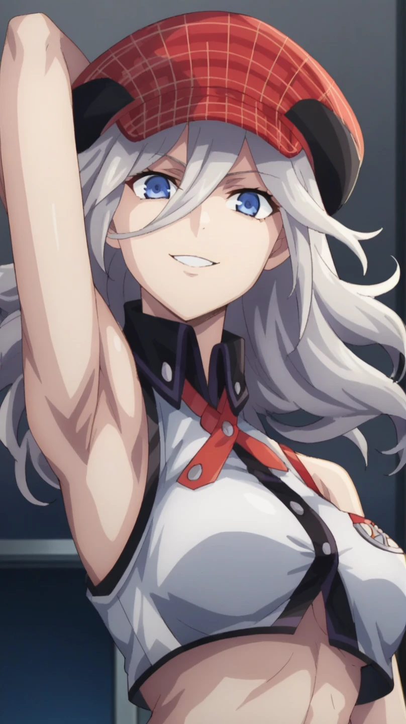 score_9, score_8_up, score_7_up, source_anime, anime screencap, 1girl, solo, alisa god eater, long hair, silver hair, wavy hair, alisa god eater outfit, large breasts, blue eyes, hat, midriff, bangs, arm behind head, armpit, looking at viewer, head towards viewer, smile, badhandv4, indoors, night, bare shoulders, bare arms, from side, from below, elbow gloves, under boobs