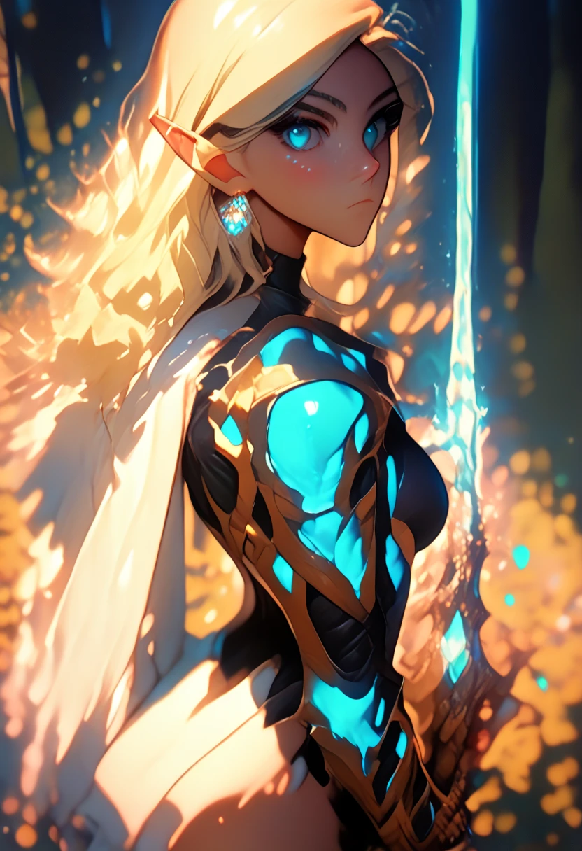 Medium breasts, fullbody shot of a beautiful woman with blonde hair and blue eyes, wearing a whtie bodysuite with blue glowing details, magical dark forest in background, standing, looking at viewe,rhkstyle
