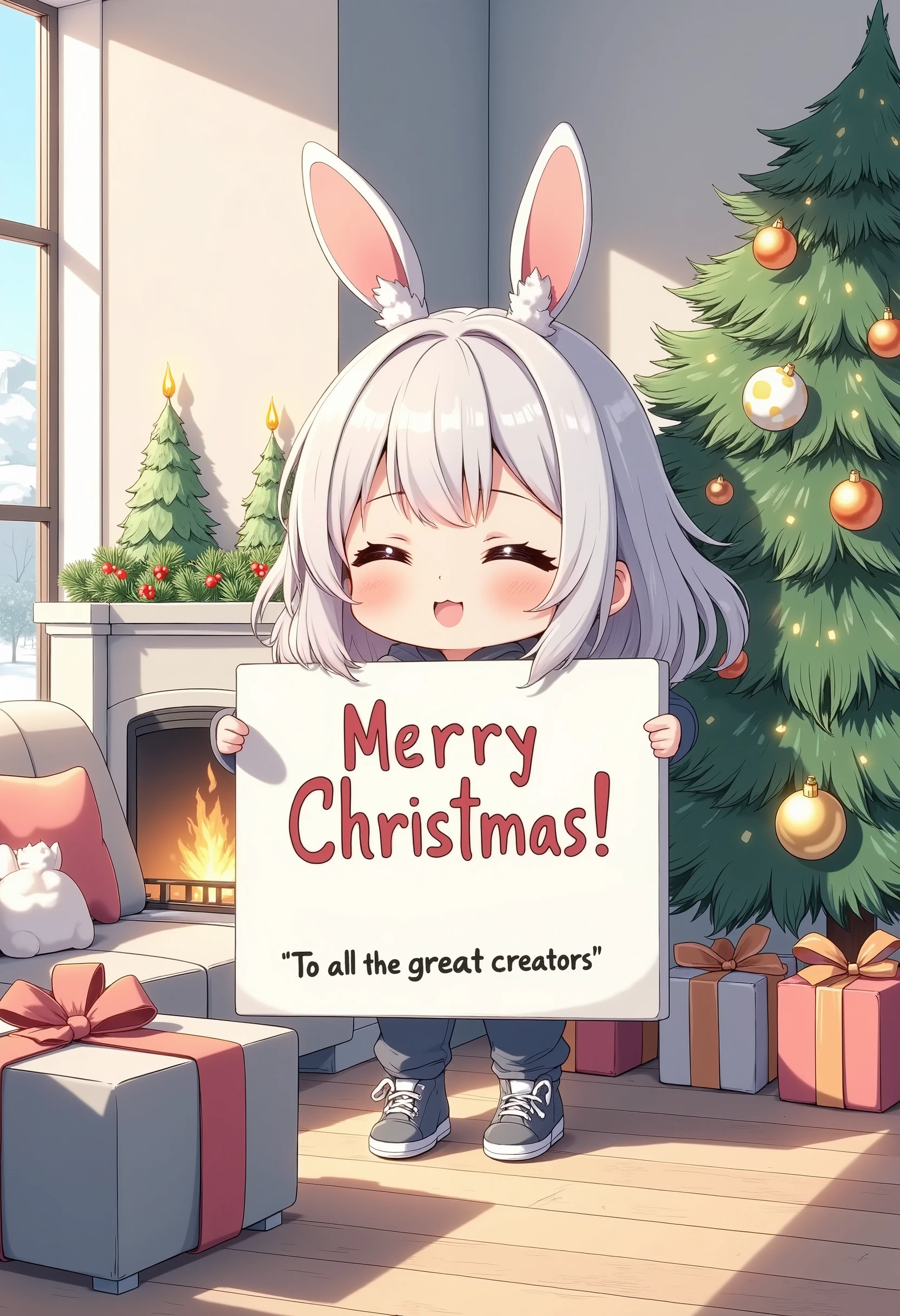 pastel anime illustration, cheerful atmosphere,1girl\(trk, chibi, holding white board\(cute fonts Text\(large letters "Merry Christmas!" and small letters "To all the great creators",(that looks like handwriting)\)\),
\),background\(stylish and modern living room with sleek furniture and warm lighting, the centerpiece is a tall Christmas tree adorned with sparkling ornaments, golden ribbons, and twinkling fairy lights, a star-shaped topper glowing brightly at the top, neatly wrapped presents in vibrant holiday-themed wrapping paper are stacked around the base of the tree, a comfortable gray sectional sofa is decorated with red and green throw pillows, a soft faux fur blanket draped casually over one armrest, a minimalist fireplace is built into the wall, its mantle decorated with pine garlands, candles, and hanging stockings embroidered with names, above the fireplace is a large mirror reflecting the warm glow of the lights, the floor-to-ceiling windows are partially covered with sheer white curtains, through which a snowy winter landscape is visible, a cozy rug in soft cream tones lies in the center of the room, accented by a sleek glass coffee table topped with a tray of hot cocoa mugs and holiday cookies, the overall atmosphere is festive yet elegant, blending modern design with the warmth of Christmas traditions\)
