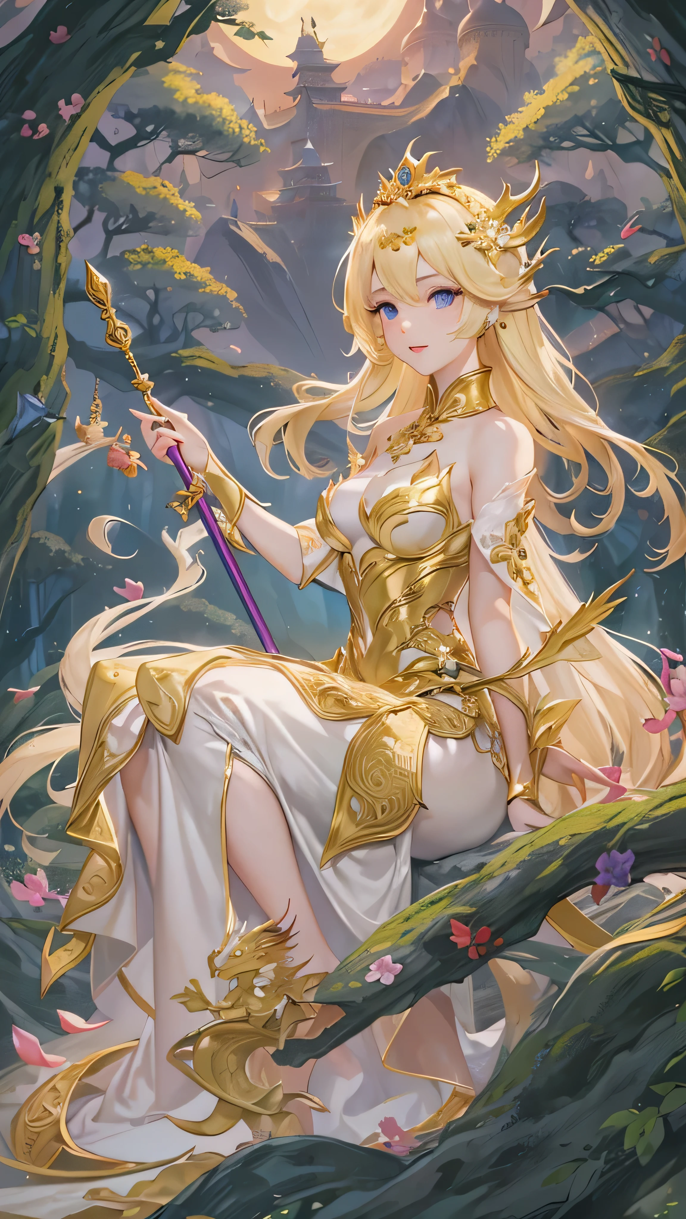  princess (Blonde,  is wearing a long dress,  holding a magic wand ), background (forest, moon), Chinese Dragon (One, Five-clawed golden dragon,  Two Wings ), Princess riding a dragon  