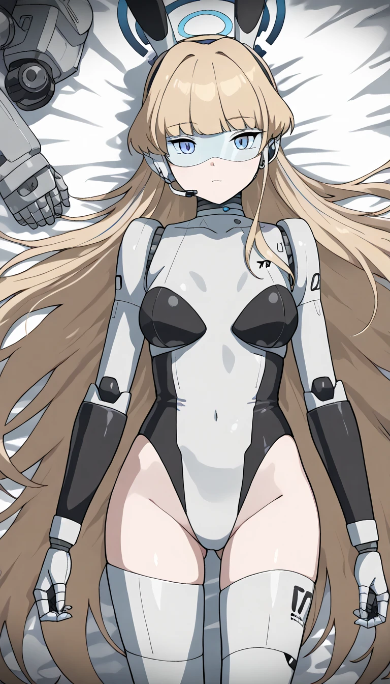 masterpiece, best quality, extremely detailed, (8K, 4K, Best Quality, hight resolution, 超A high resolution:1.1), ,8k portrait, Japaese android Girl,Plump , dark black leg cover,announcer,control panels,android,Droid,Mechanical Hand, Robot arms and legs, Black Robot Parts,Black long hair,Mechanical body,Blunt bangs,perfect mechanical abdomen,White robotics parts,perfect robot woman,future laboratory,cyber pank,charging spot,laboratory,long tube,thick cable connected her neck,white ceramic body ,perfect mechanical body, white robot body,lod antenna,mechanical ear cover,android,robot humanoid,black sponge joints,The removable cover is in the groin,The connection port is in the groin,opened chest panel,access panel on the chest,opened breast panel,perfect mechanical breast,perfect black machine body,perfect black android body,She has repaired,assembly plant,no human skin,visor,mistyrobot,asuma toki(blue archive),smile,spread arm,pussy,robot joint,doll joint,robotization,lying,rabbit ear