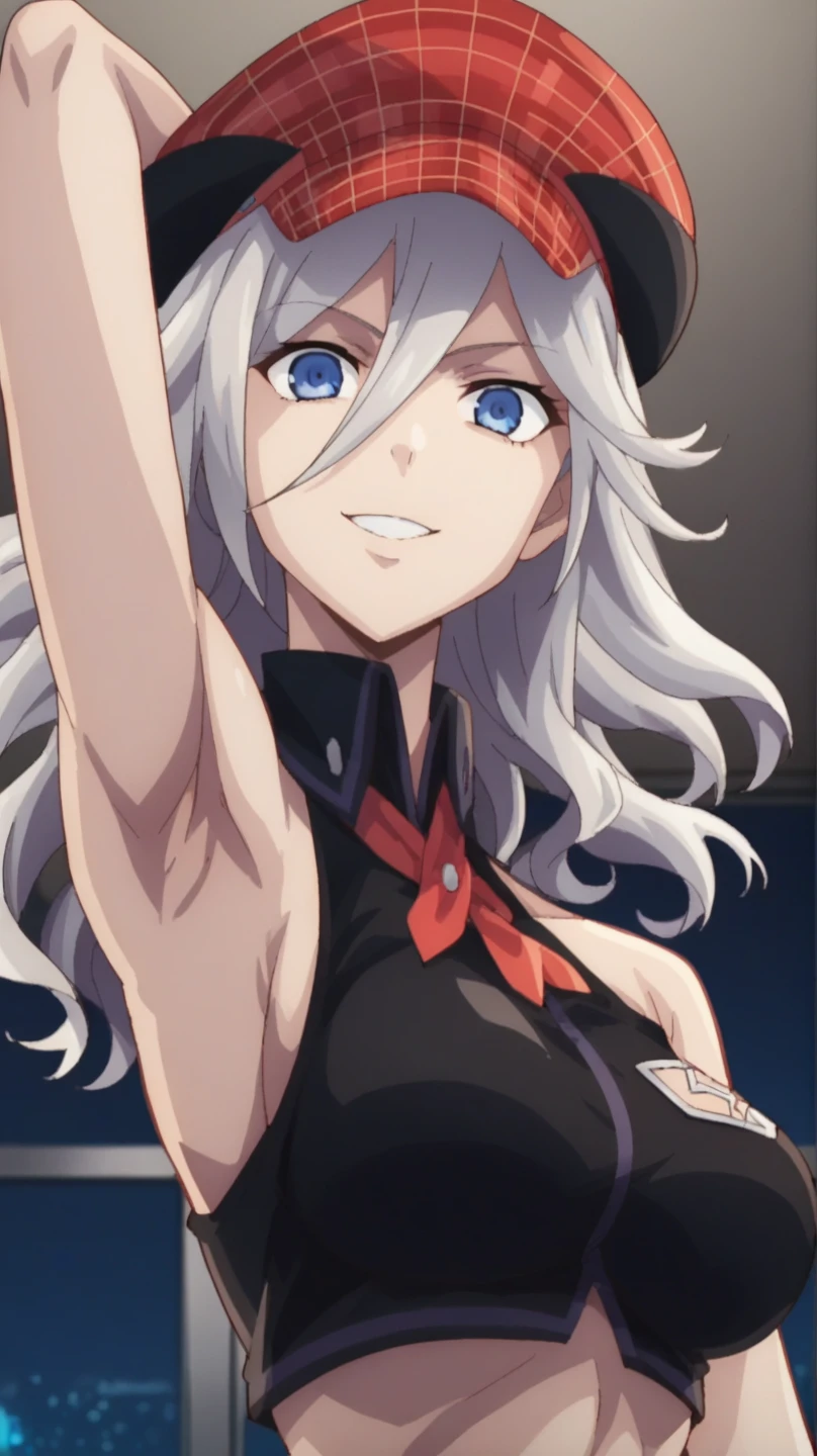 score_9, score_8_up, score_7_up, source_anime, anime screencap, 1girl, solo, alisa god eater, long hair, silver hair, wavy hair, large breasts, blue eyes, hat, midriff, bangs, arm behind head, armpit, looking at viewer, head towards viewer, smile, badhandv4, indoors, night, bare shoulders, bare arms, from side, from below, elbow gloves,