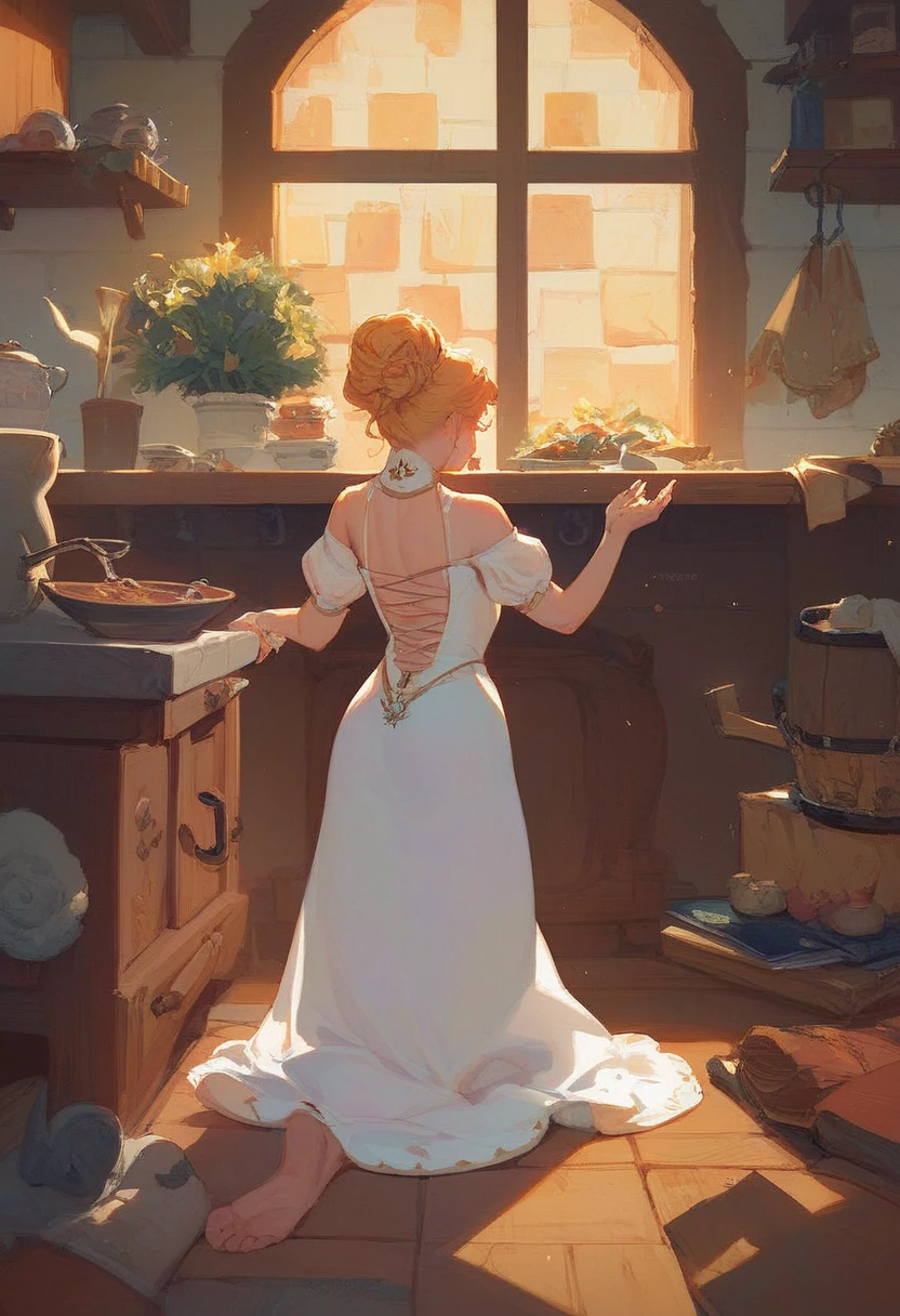 VilmaFlintStone, black eyes, orange hair, hair bun, white dress, pearl necklace, looking at viewer, seductive smile, blush,standing, from_behind, ass, inside kitchen, counter, high quality, masterpiece, <lora:VilmaFlintStone_Character:.8>