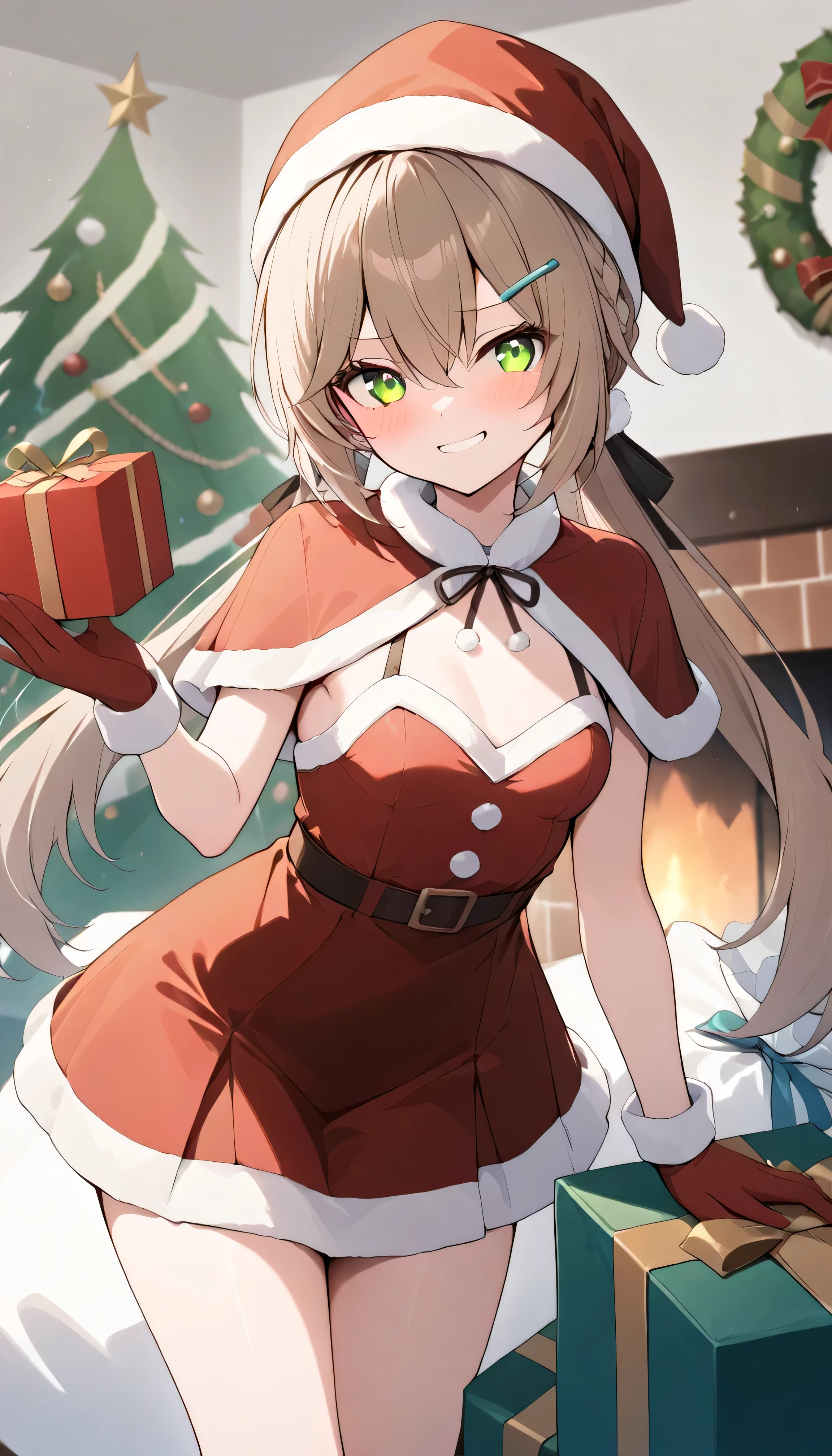 small breasts, brown hair, green eyes, braid, low twintails, hair ornament, hairpin, qingque,　Alone,  can see her eyebrows through her hair,  hair between eyes,  viewers, masterpiece,  top quality , very aesthetic, santa costume, santa hat, christmas,  Merry Christmas , fur-trimmed headwear, santa dress, fur-trimmed dress, christmas tree, christmas tree, fur trim, red capelet, gift box, red gloves, fur-trimmed capelet, santa gloves, red hat, hat,　smug face