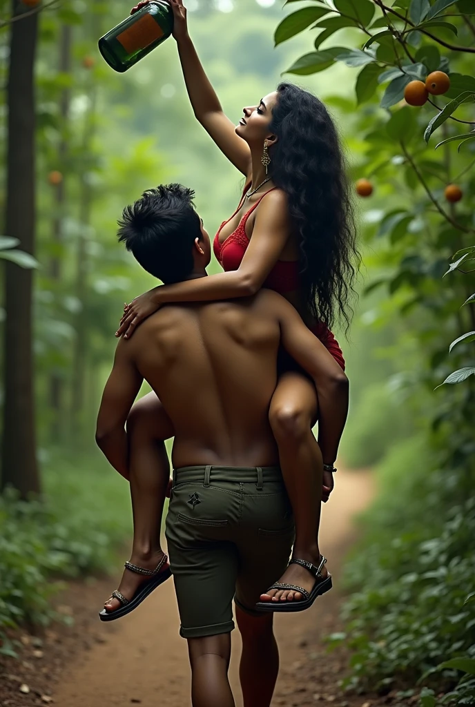 1 muscular very hary, handsome and attractive American man without wearing shirt with sexy Indonesian married woman bit chubby wearing a sexy pink satin bikini in the office with beer glassbeer glass. Both are hugging pose and there body is towards the camera which is front. The woman is in front and the man is behind her. The woman is to the left side of the man. The man is hugging the woman from behind. The woman is standing on the left side of the man. In office. Hyper realistic image detail image. woman standing on left of the man. The background is office.