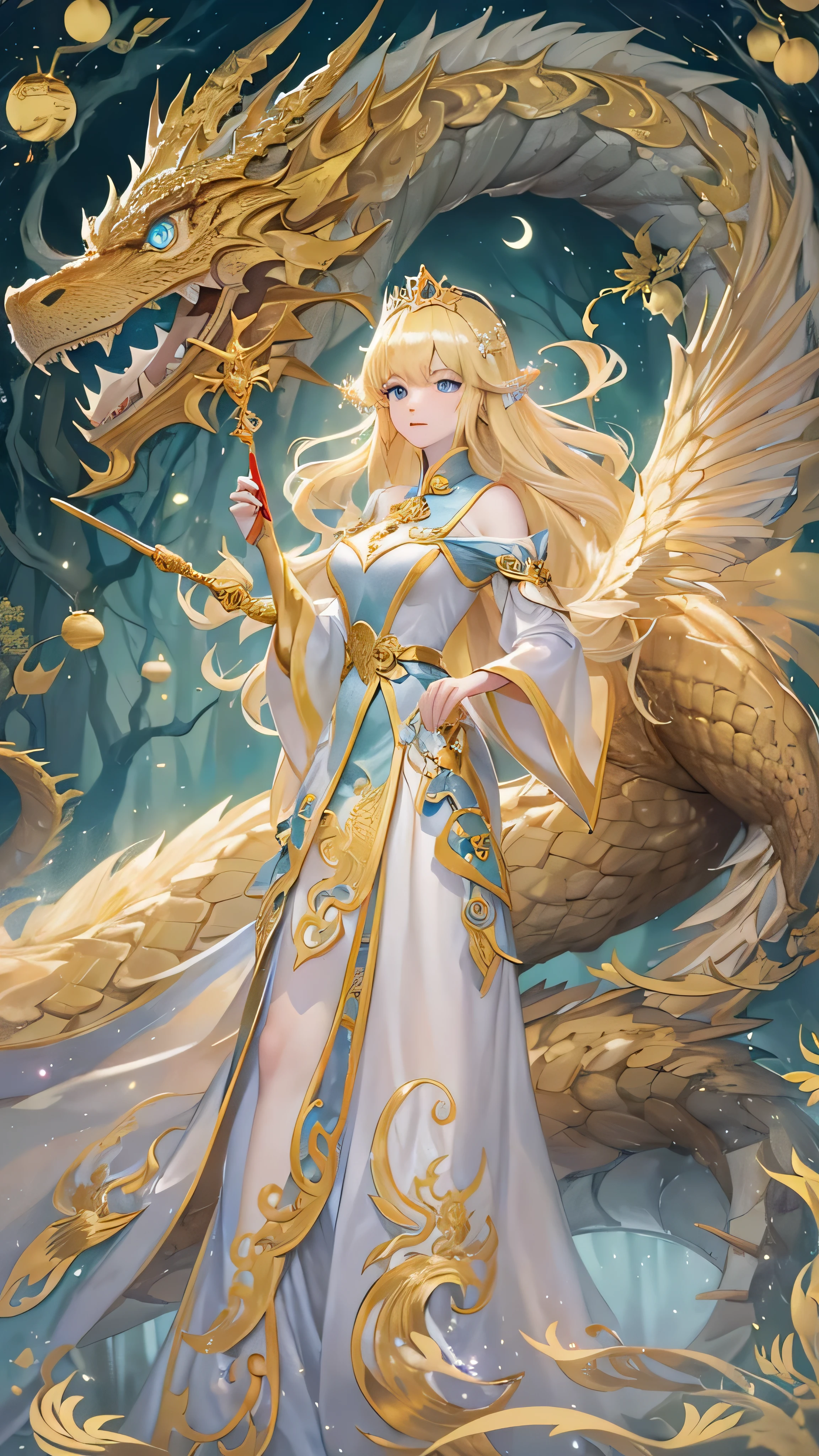  princess (Blonde,  is wearing a long dress,  holding a magic wand ), background (forest, moon), Chinese Dragon (One, Five-clawed golden dragon,  Two Wings ), Princess riding a dragon  