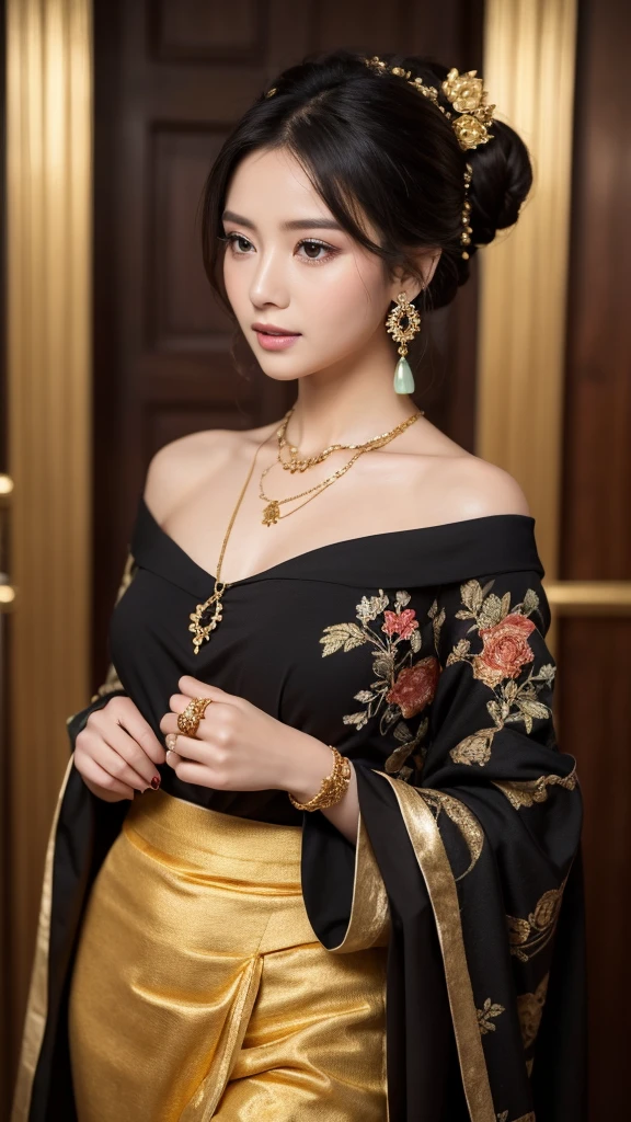       A highly detailed portrait of a graceful woman wearing traditional Burmese attire. She is dressed in a deep red tube-like blouse with intricate gold embroidery, paired with a long patterned htamein featuring geometric and floral designs in shades of black, green, and gold. A sheer, light shawl with subtle golden accents is elegantly draped over her shoulders. She is adorned with multiple layered necklaces of gold and jade, with a central pendant featuring ornate jade framed in gold. Her accessories include large, intricately designed gold earrings, bracelets, and simple rings on her fingers.

Her long, sleek black hair is styled flawlessly, with part of it tied into a high bun or twisted updo adorned with an ornate gold hairpiece showcasing floral or peacock motifs. Small decorative pins or flowers enhance her hairstyle. The background is softly lit, drawing focus to her serene, poised expression and emphasizing the richness of her traditional attire and accessories. The image is