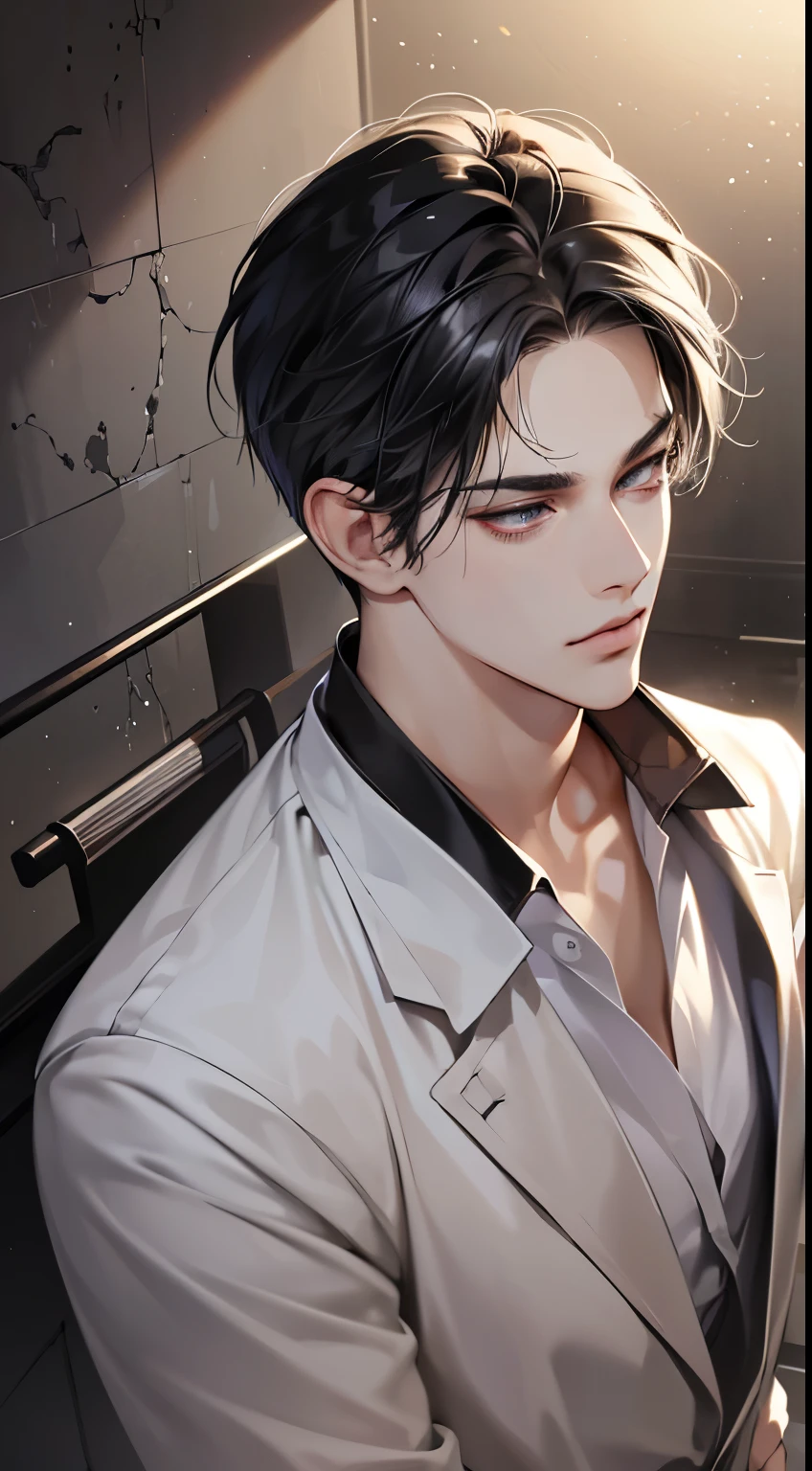 (best quality digital art digital illustration 4k high resolution beautiful image hyperdetailed image perfect lines dark lighting Wallpaper) (1:1 photorealistic) (neutral colors hdr 1.4) (anime style) an adult 2 man (expressionless perfect detailed face) medium black hair modern clothes dystopia